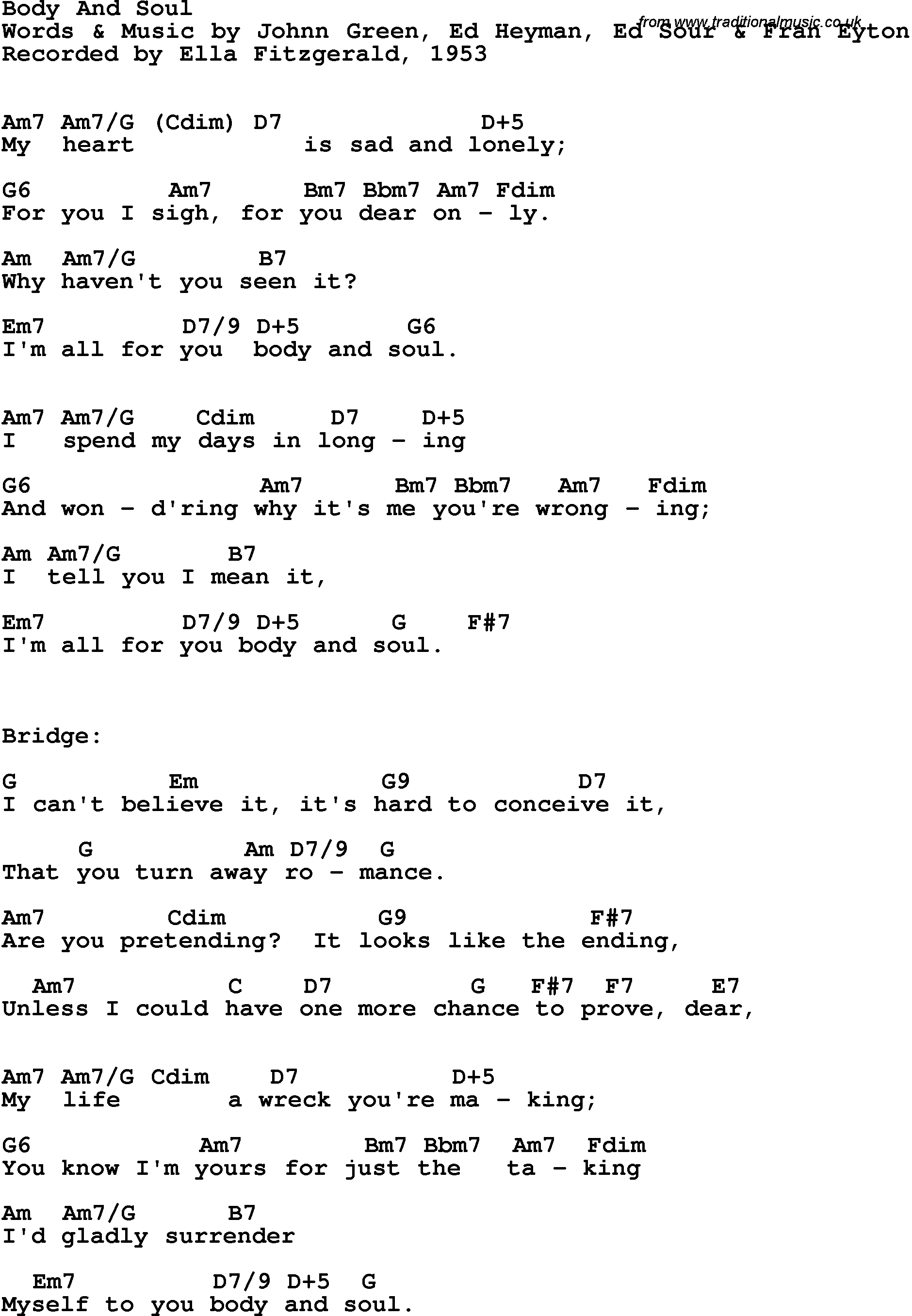 Song Lyrics with guitar chords for Body And Soul - Ella Fitzgerald, 1953