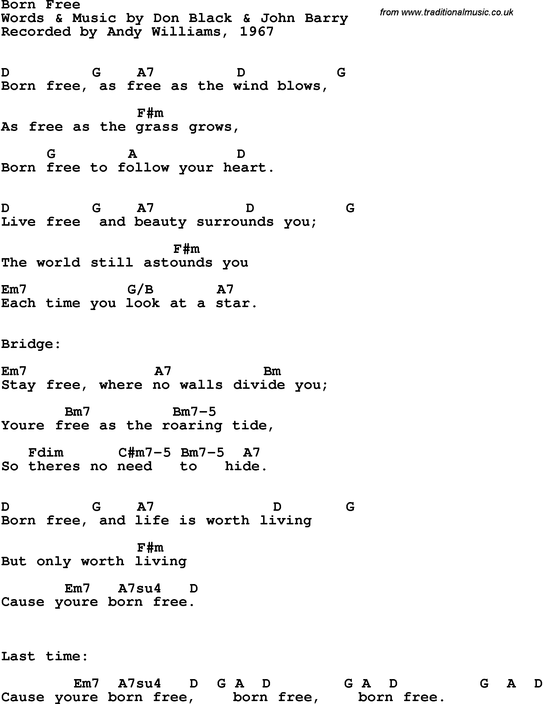 Song Lyrics with guitar chords for Born Free - Andy Williams, 1967