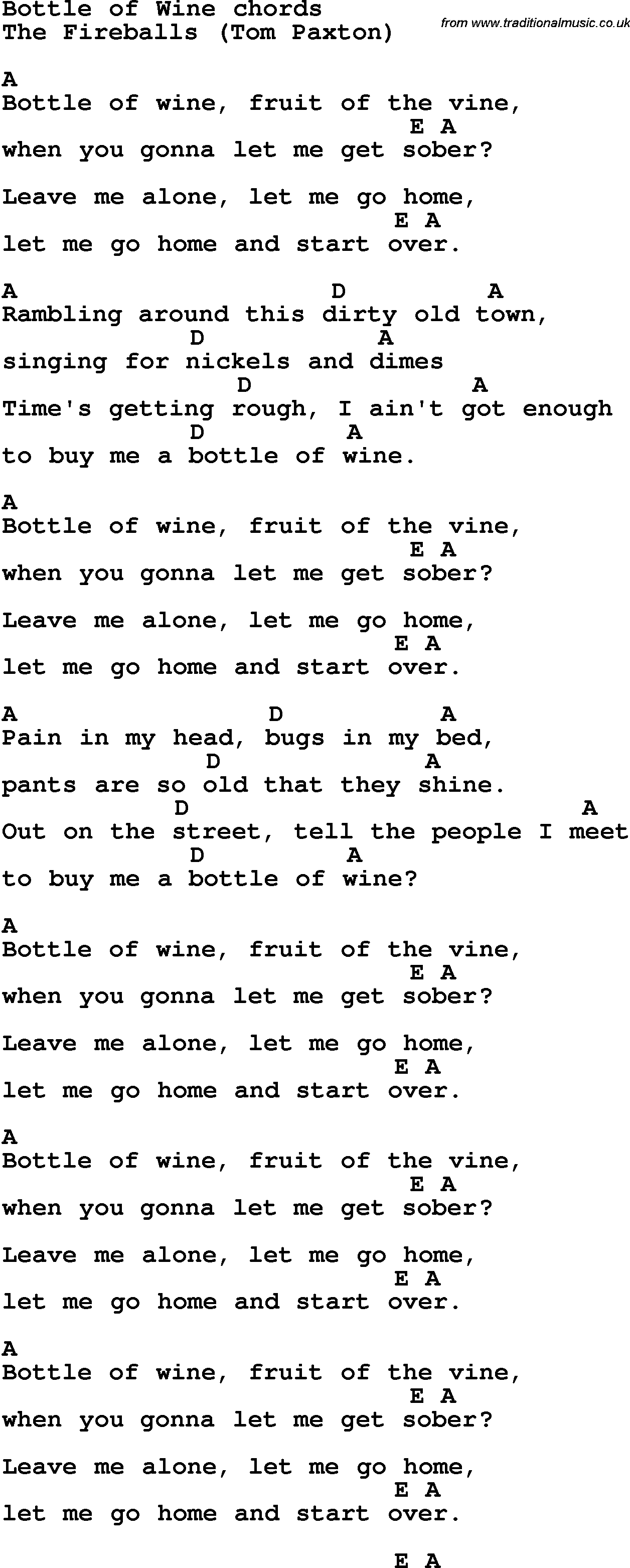Song Lyrics with guitar chords for Bottle Of Wine - Tom Paxton