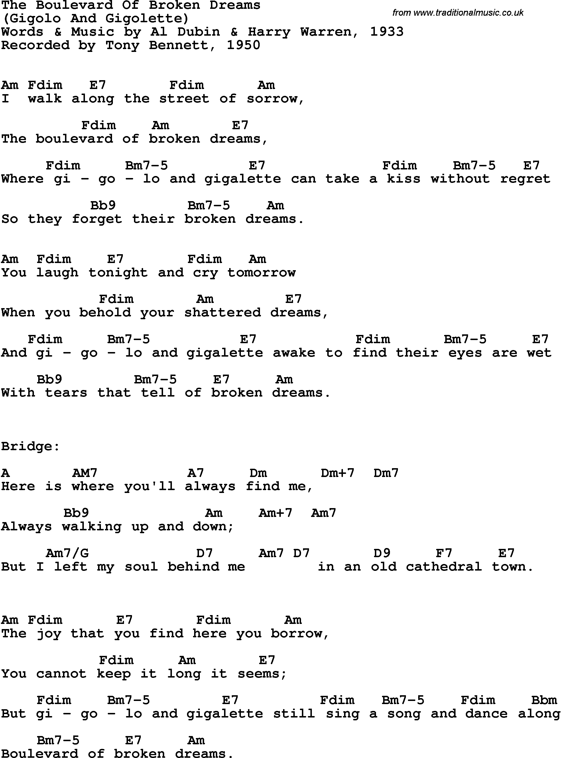 Song Lyrics with guitar chords for Boulevard Of Broken Dreams - Tony Bennett, 1950