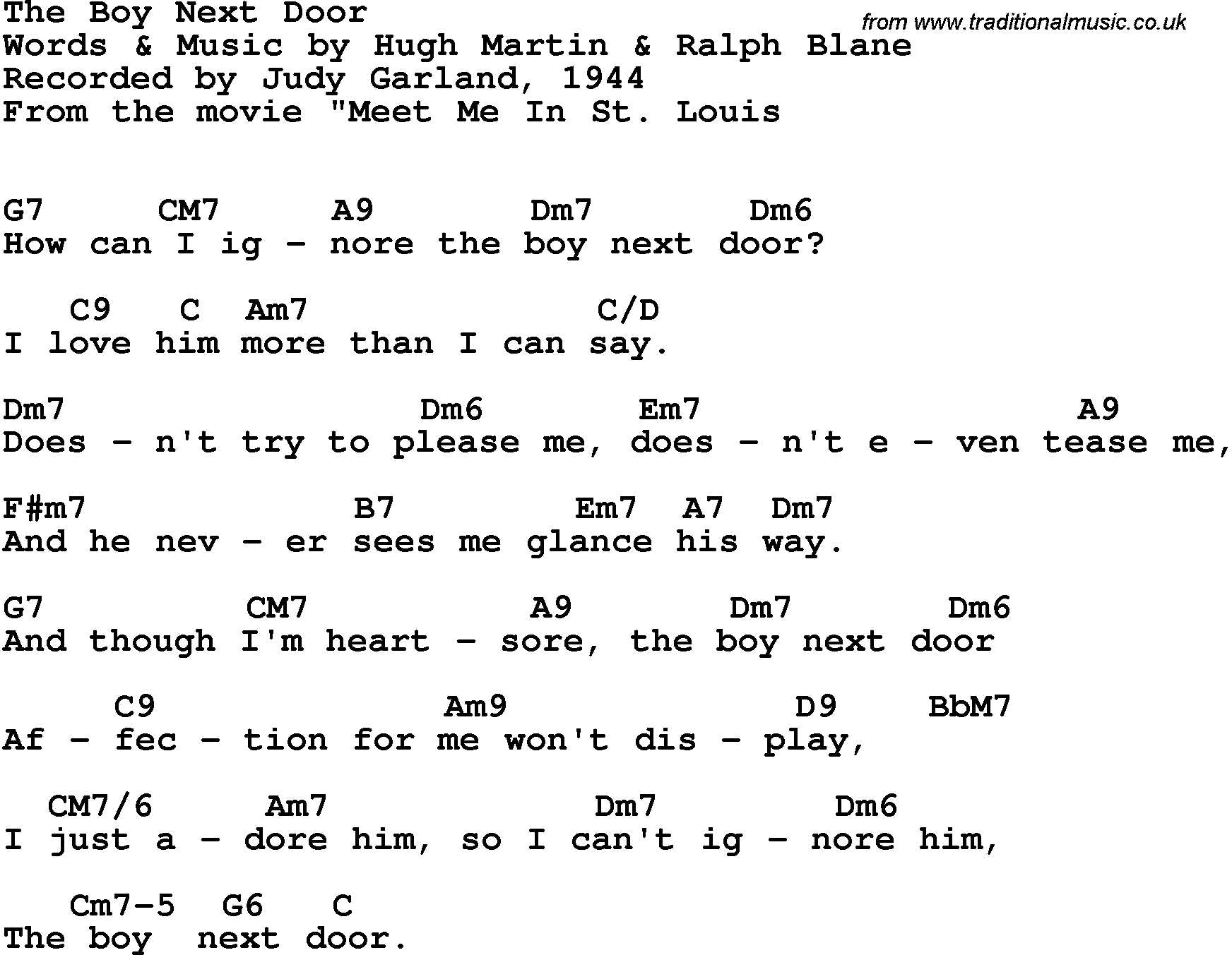 Song Lyrics with guitar chords for Boy Next Door, The - Judy Garland, 1944