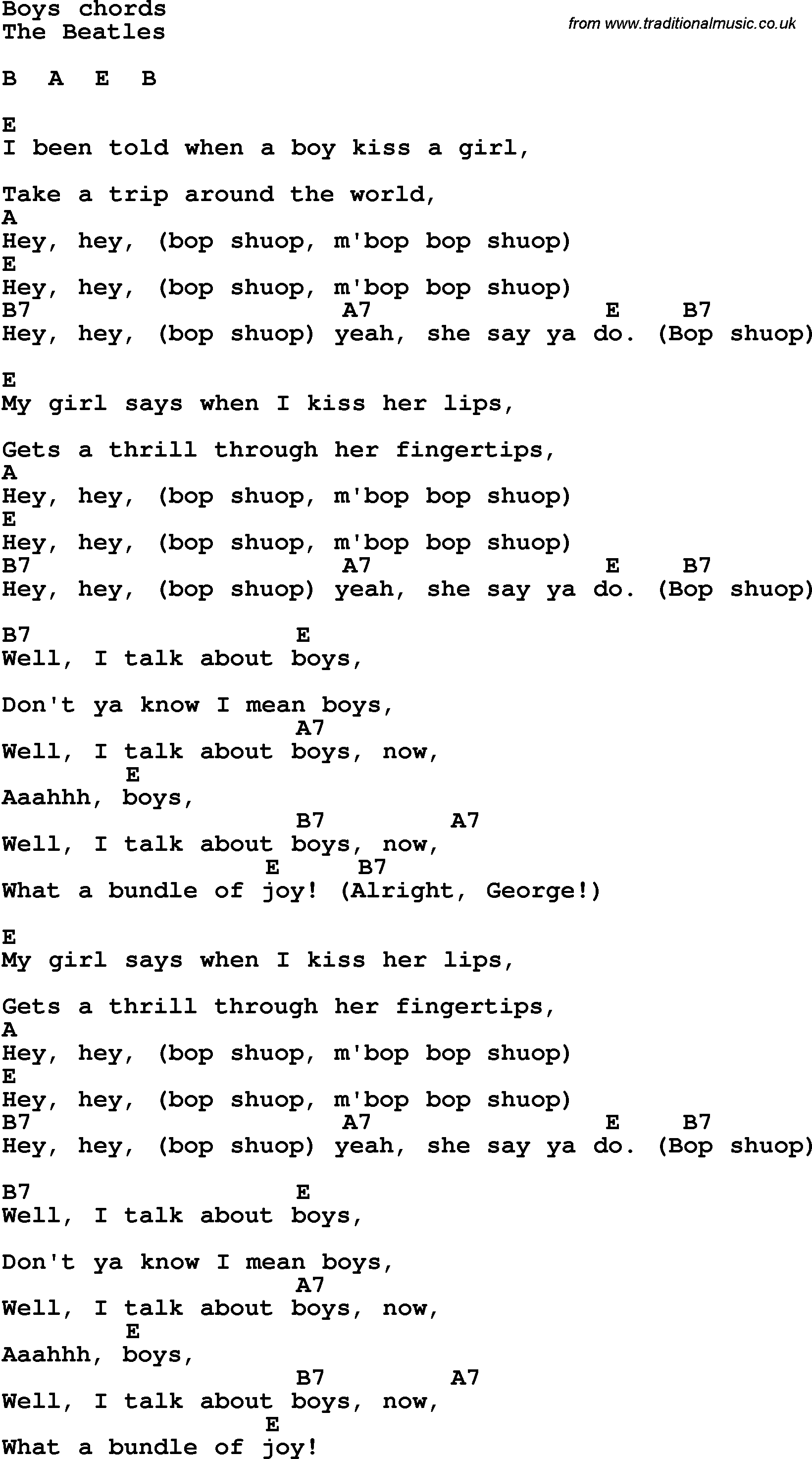 Song Lyrics with guitar chords for Boys