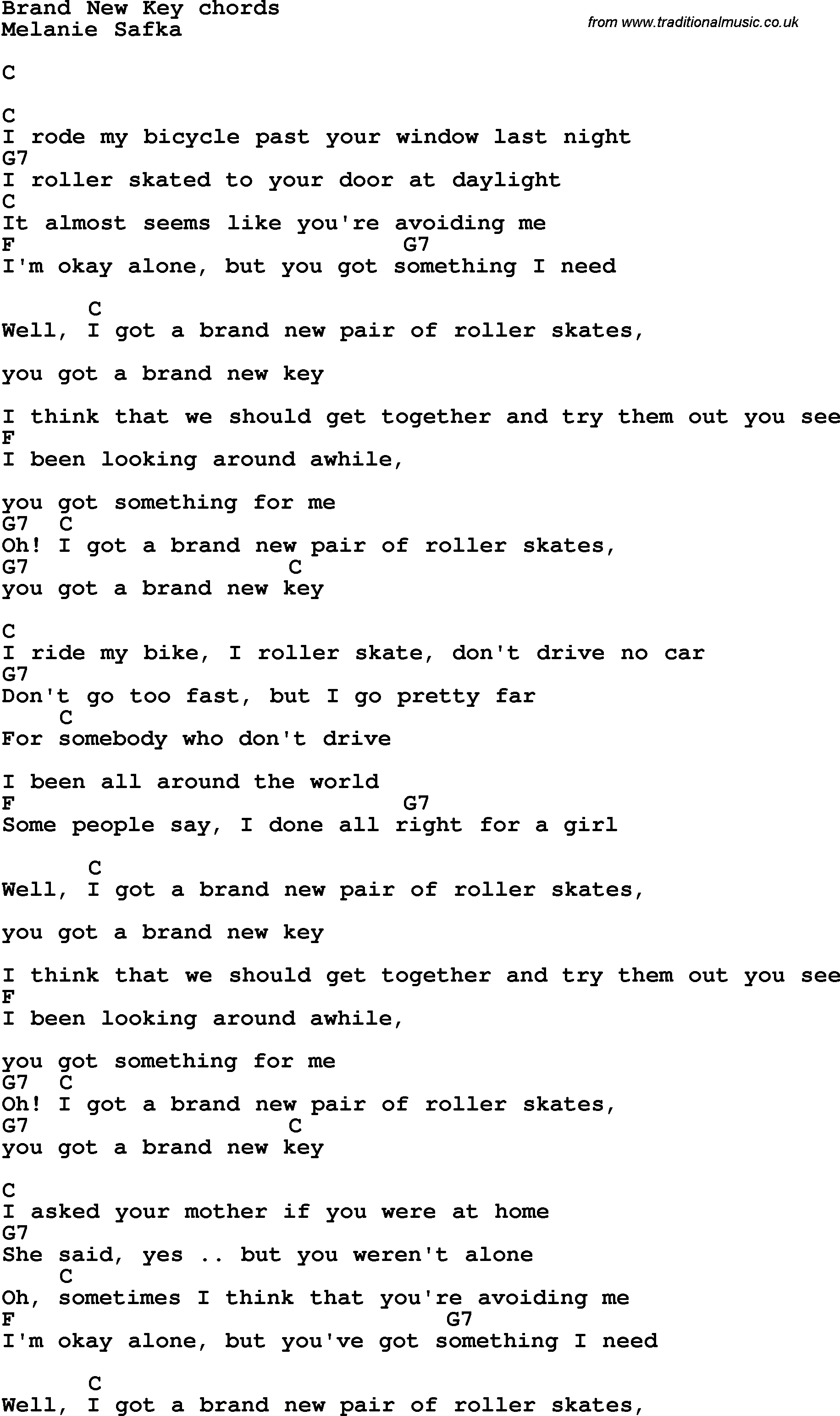 Song Lyrics with guitar chords for Brand New Key