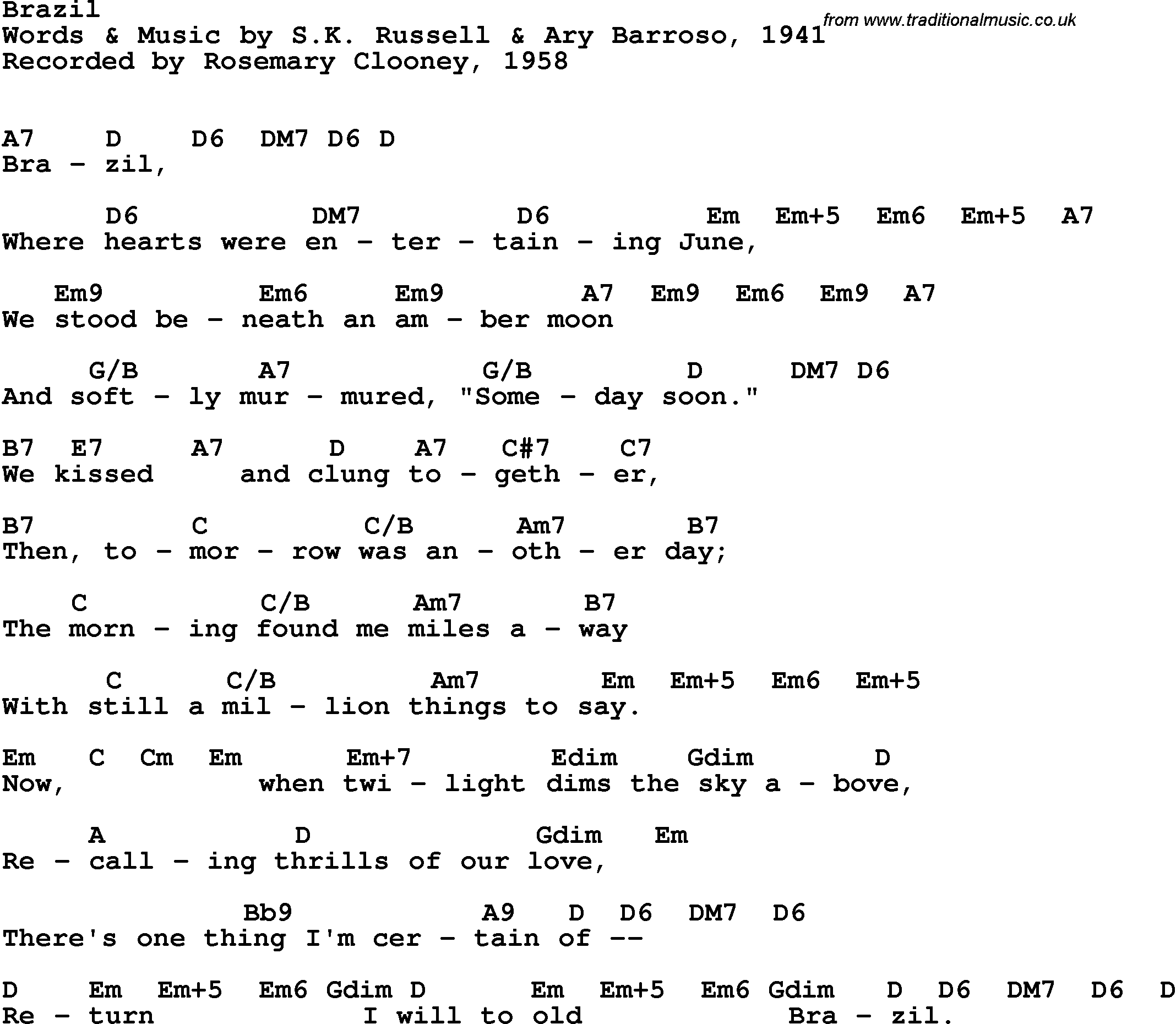 Song Lyrics with guitar chords for Brazil - Rosemary Clooney, 1958