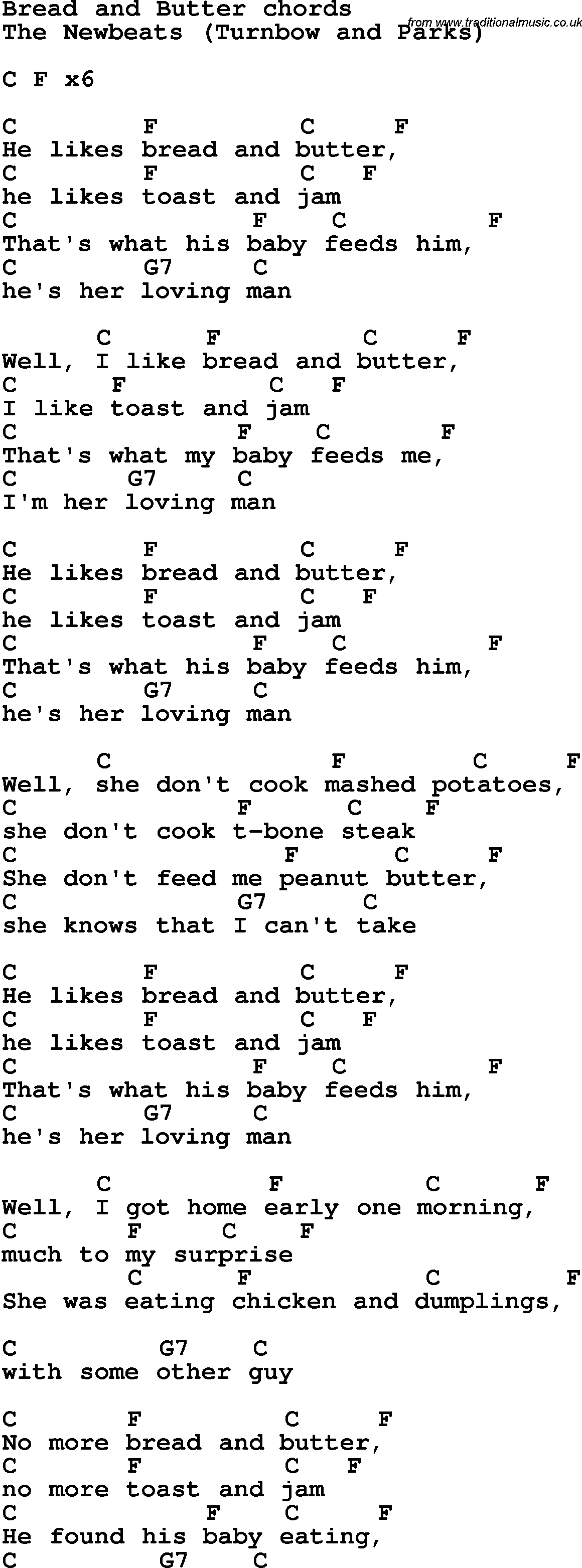 Song Lyrics with guitar chords for Bread And Butter
