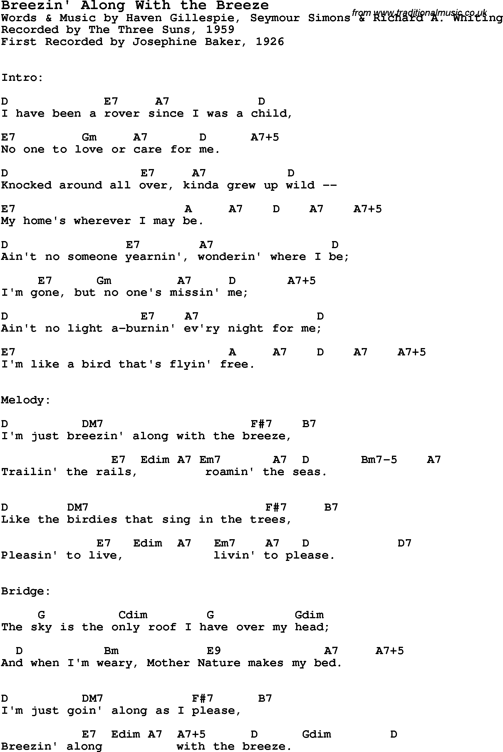 Song Lyrics with guitar chords for Breezin' Along With The Breeze - The Three Suns, 1959