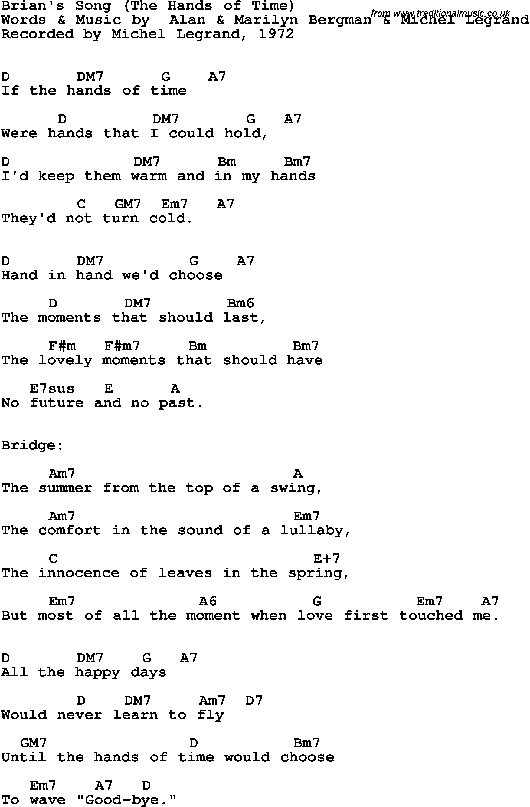 Song Lyrics with guitar chords for Brian's Song - Michel Legrand, 1972