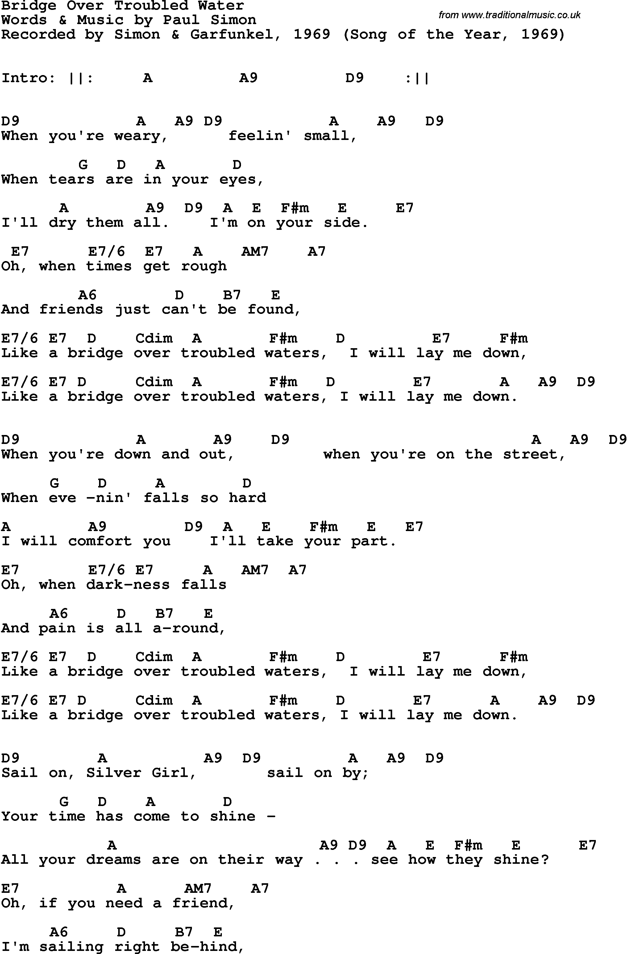Song Lyrics with guitar chords for Bridge Over Troubled Water - Simon & Garfunkel, 1970