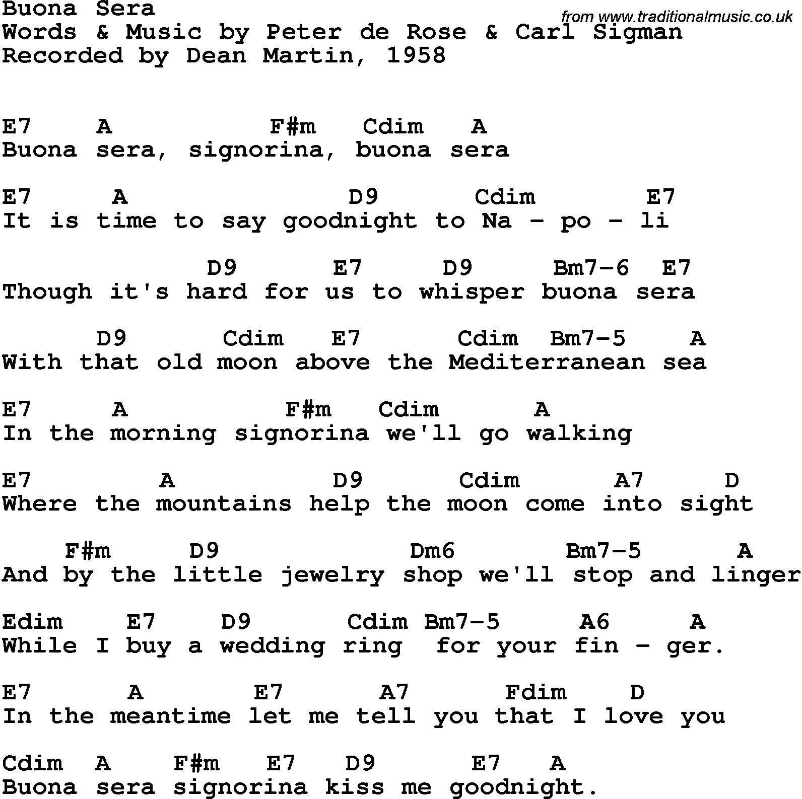 Song Lyrics with guitar chords for Buono Sera - Dean Martin, 1958