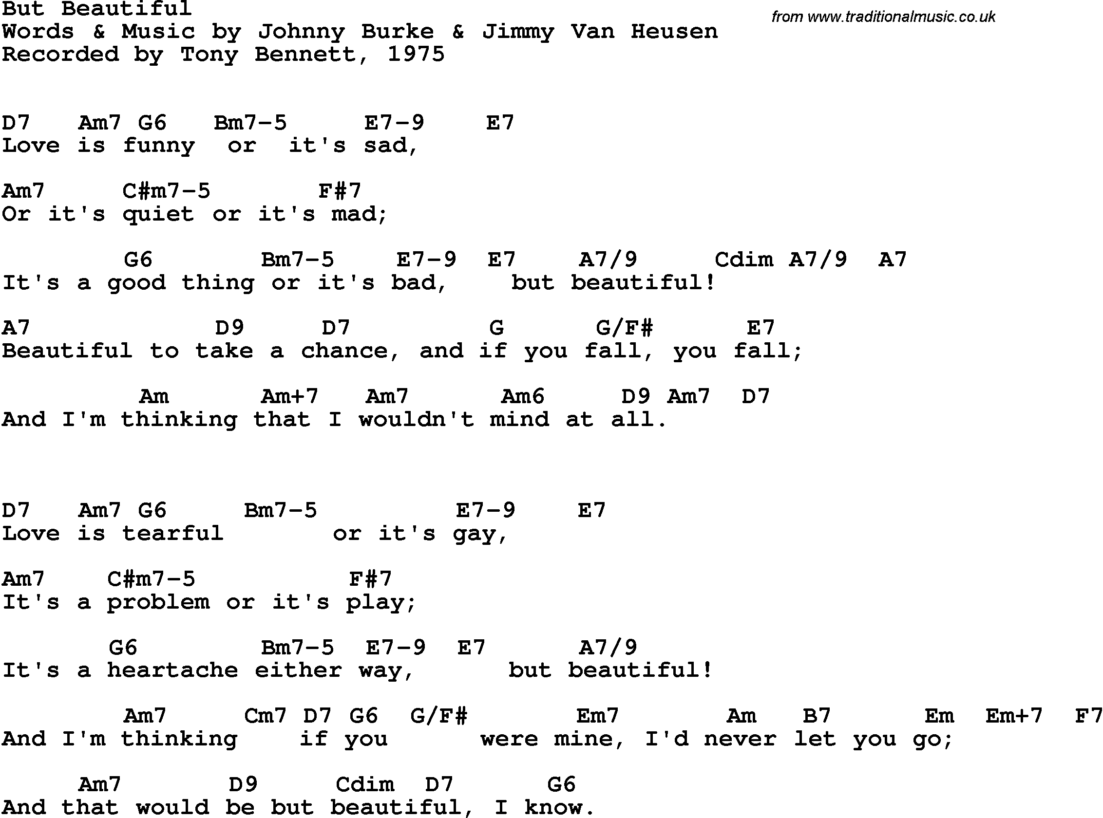Song Lyrics with guitar chords for But Beautiful - Tony Bennett, 1975