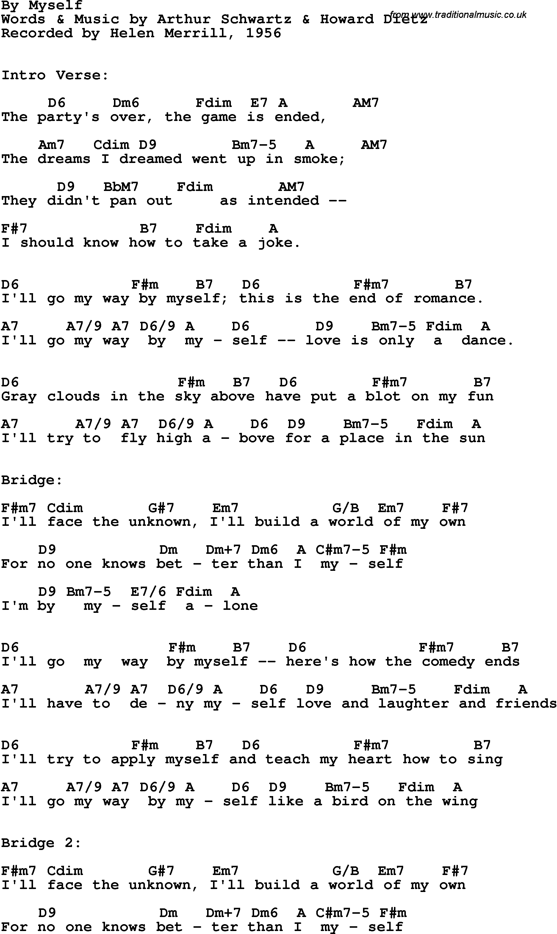 Song Lyrics with guitar chords for By Myself - Helen Merrill, 1956