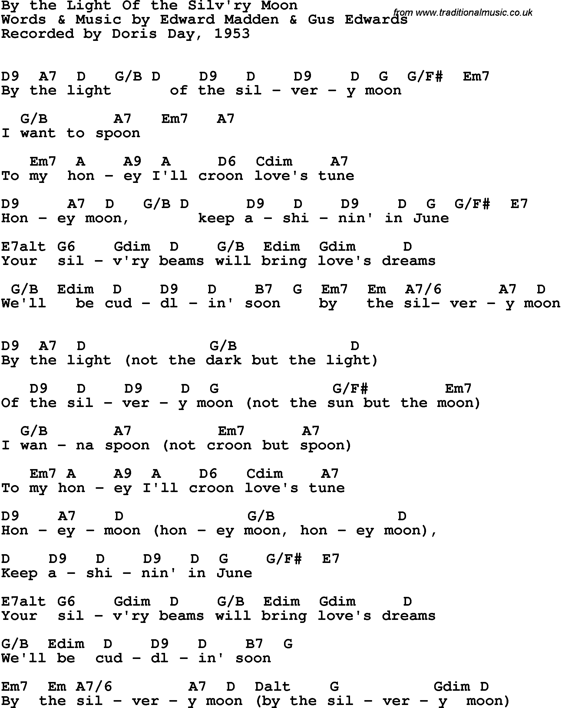 Song Lyrics with guitar chords for By The Light Of The Silvery Moon - Doris Day, 1953
