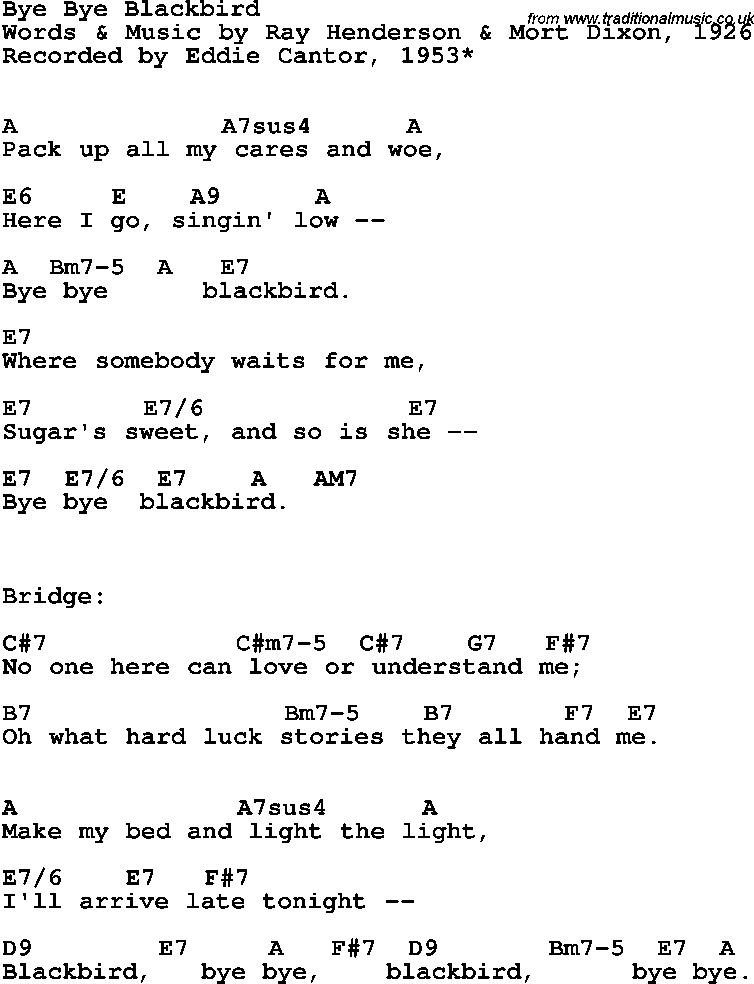 Song Lyrics with guitar chords for Bye Bye Blackbird - Eddie Cantor, 1953