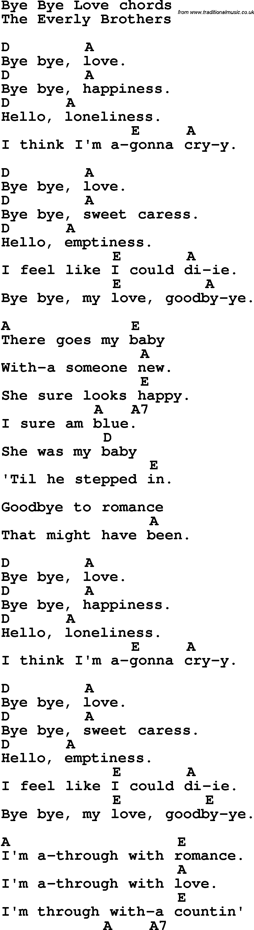 Song Lyrics with guitar chords for Bye Bye Love