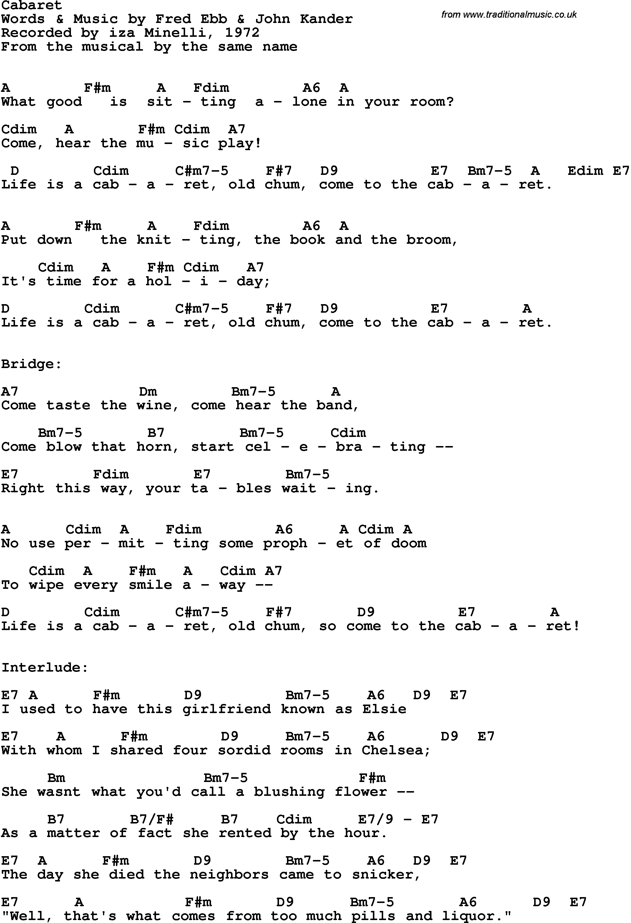 Song Lyrics with guitar chords for Cabaret - Liza Minelli, 1972