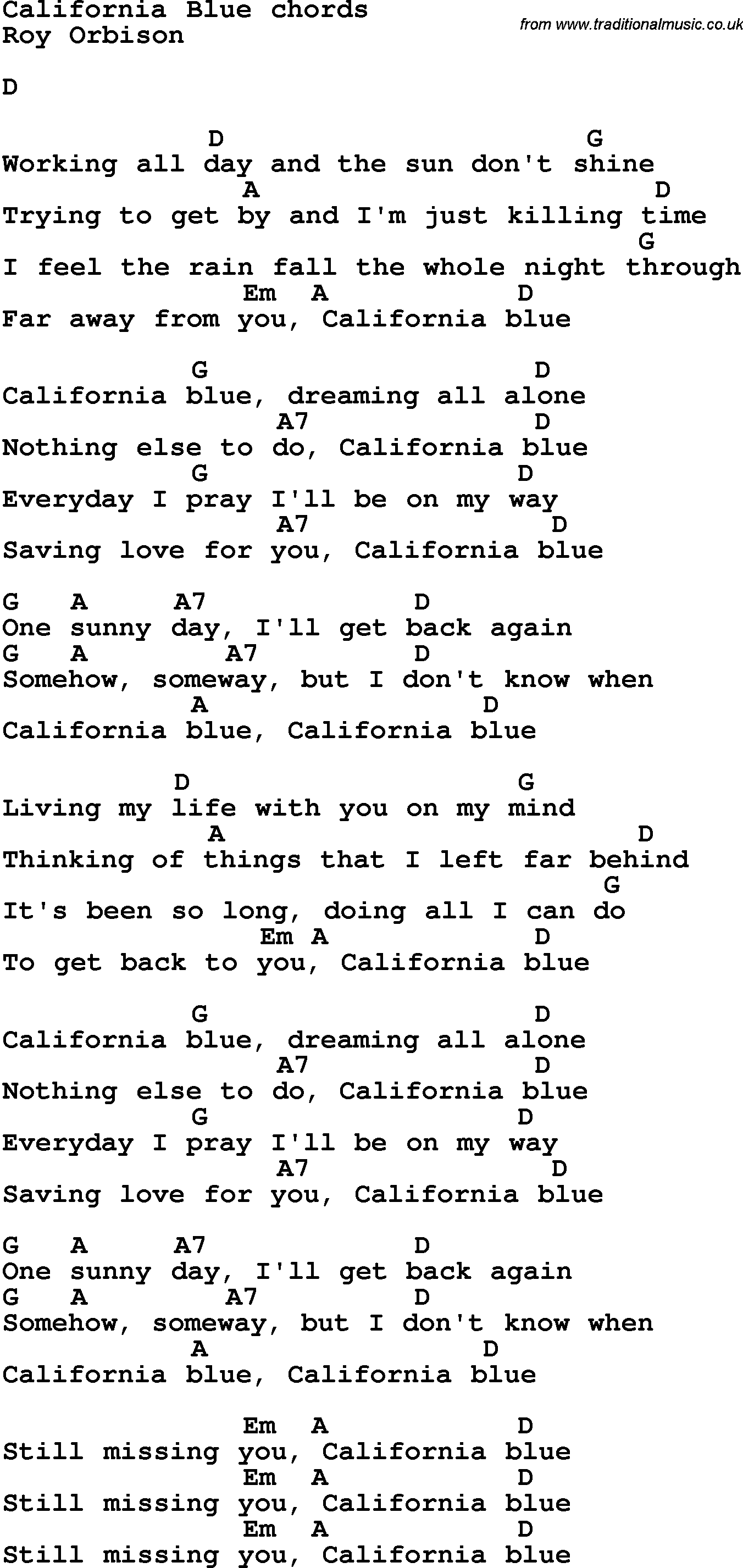Song Lyrics with guitar chords for California Blue