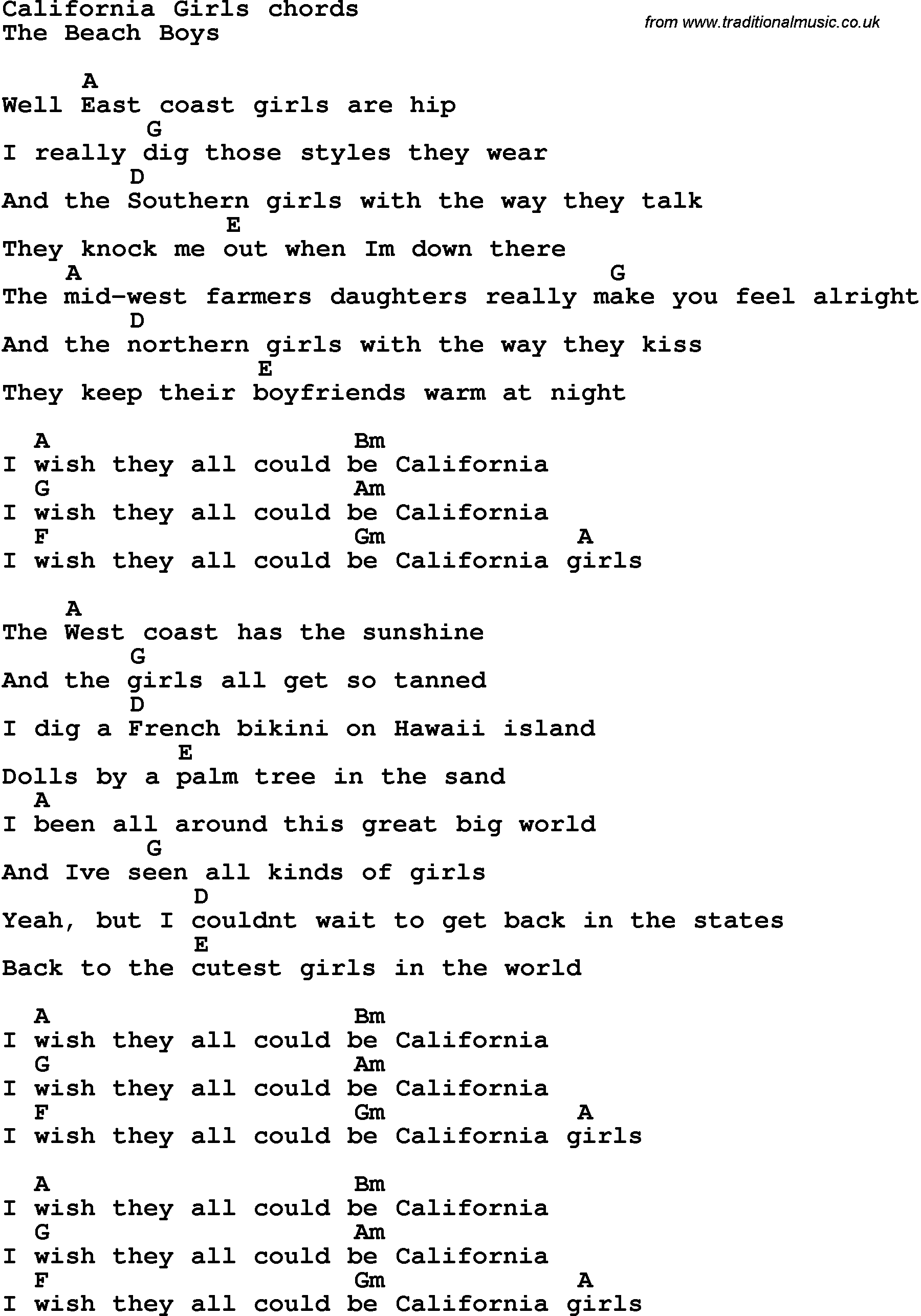 Song Lyrics with guitar chords for California Girls