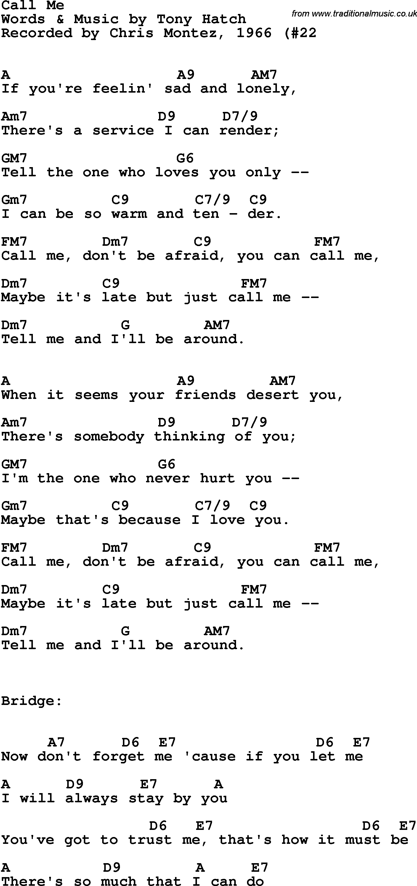 Song Lyrics with guitar chords for Call Me - Chris Montez, 1966