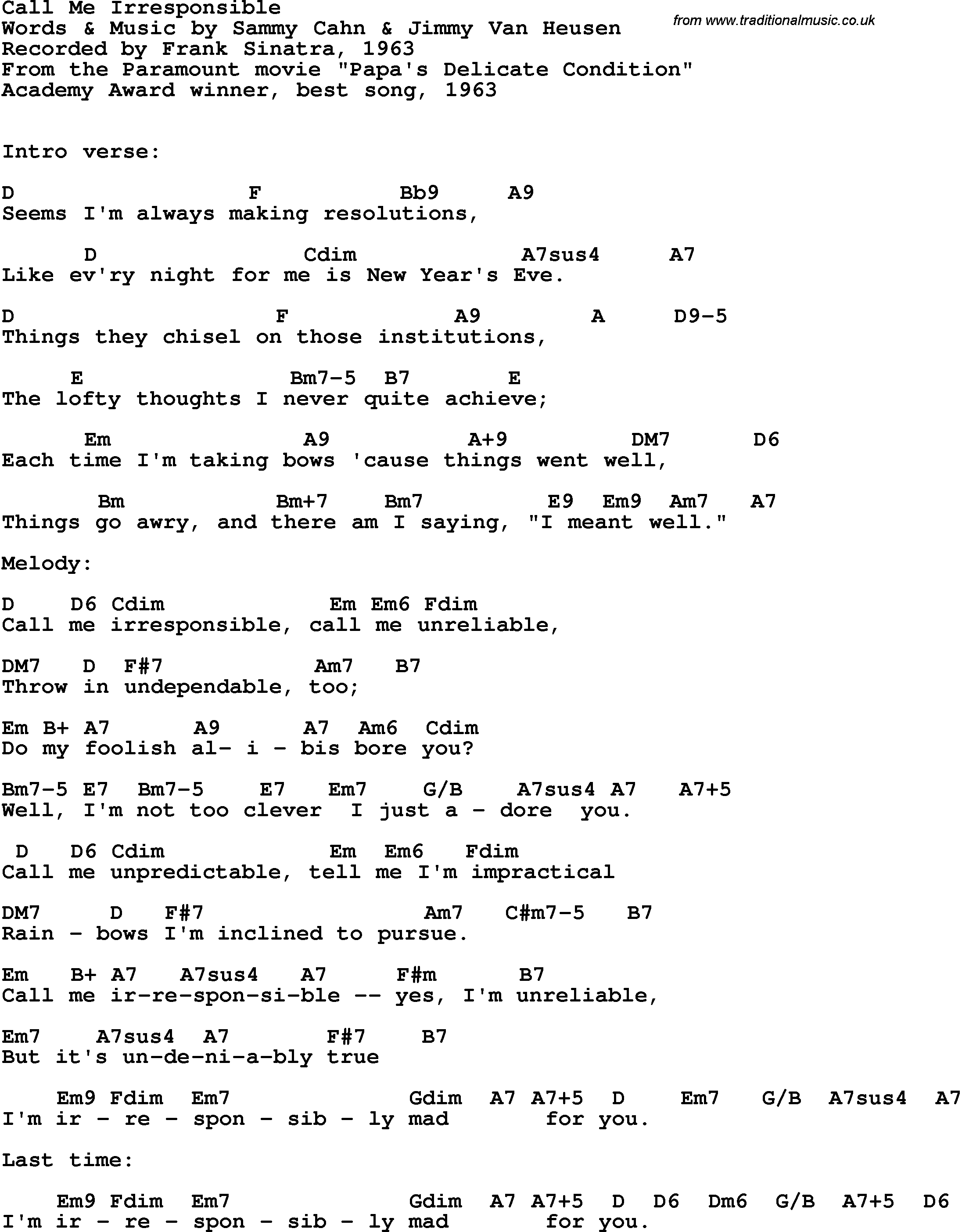 Song Lyrics with guitar chords for Call Me Irresponsible - Frank Sinatra, 1963