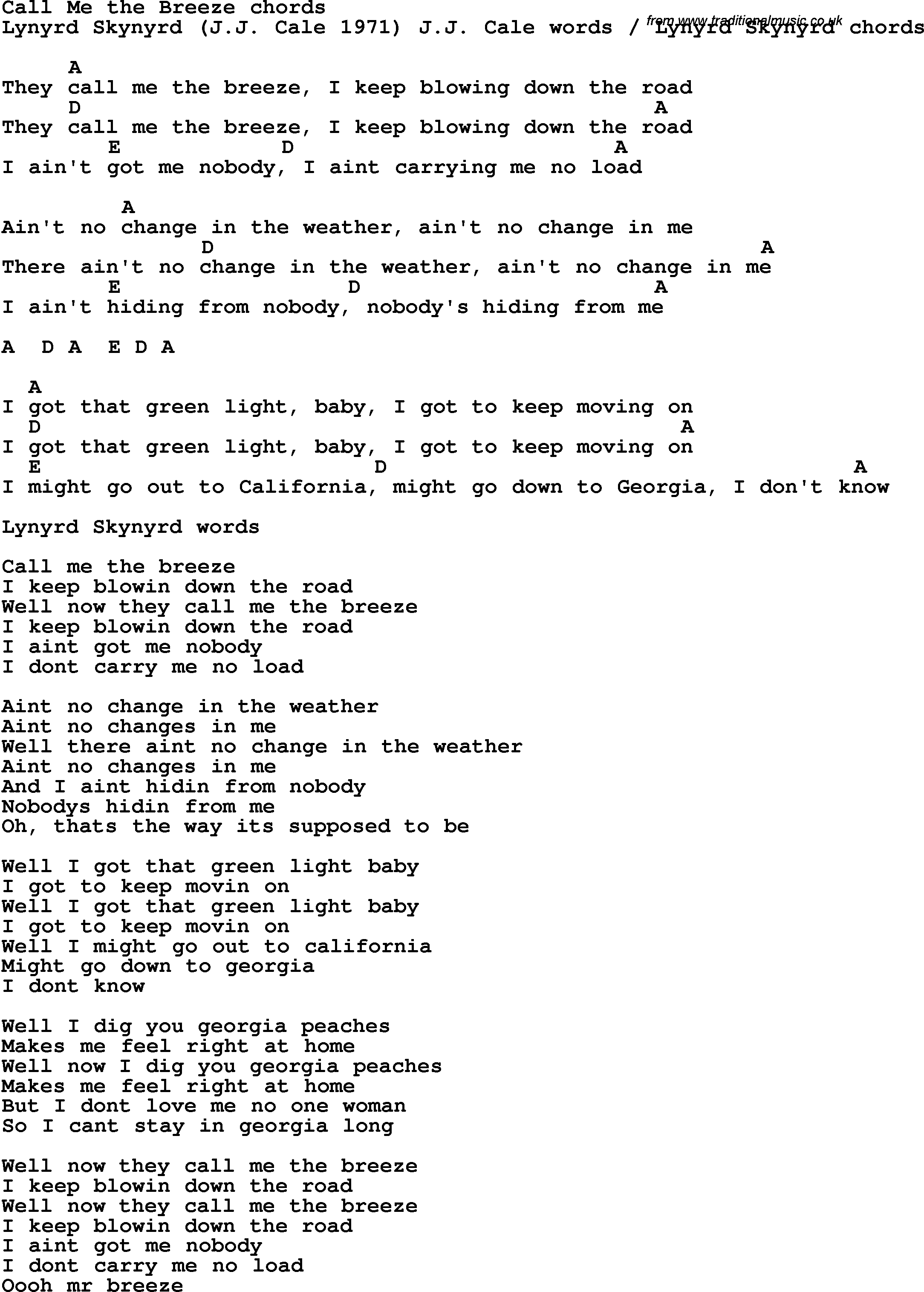 Song Lyrics with guitar chords for Call Me The Breeze