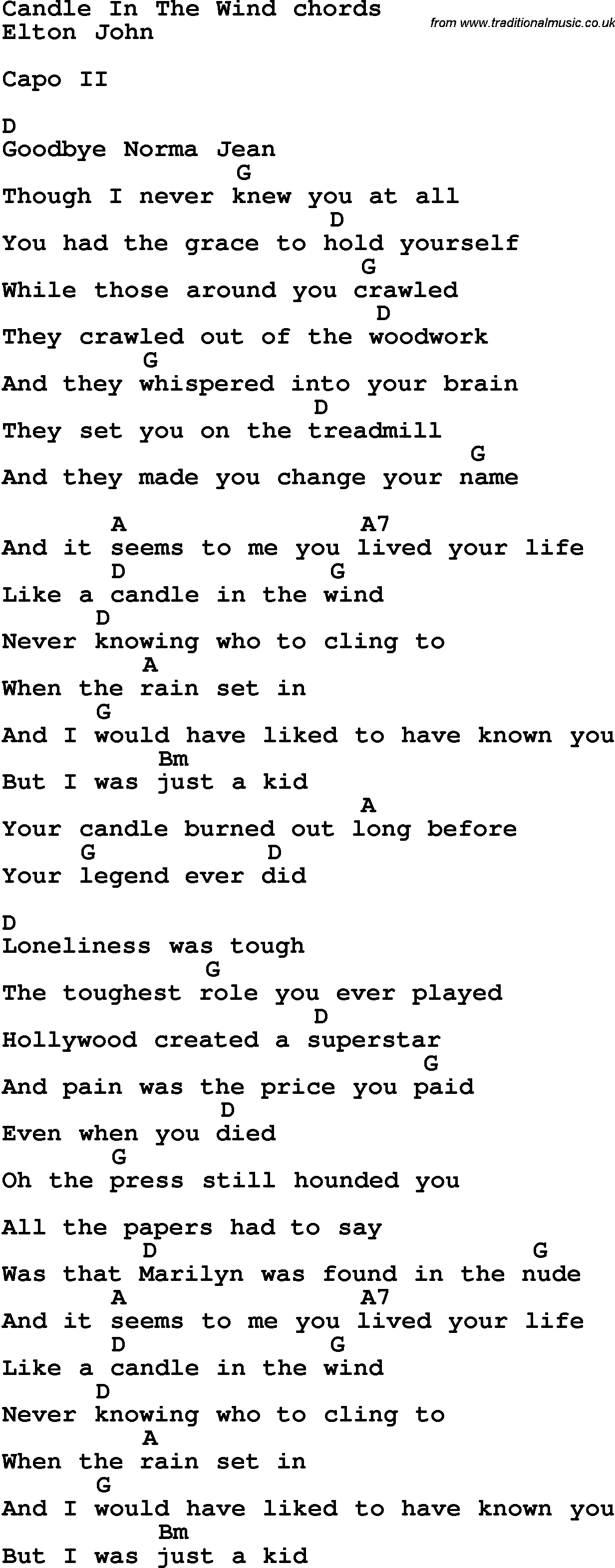 Song Lyrics with guitar chords for Candle In The Wind