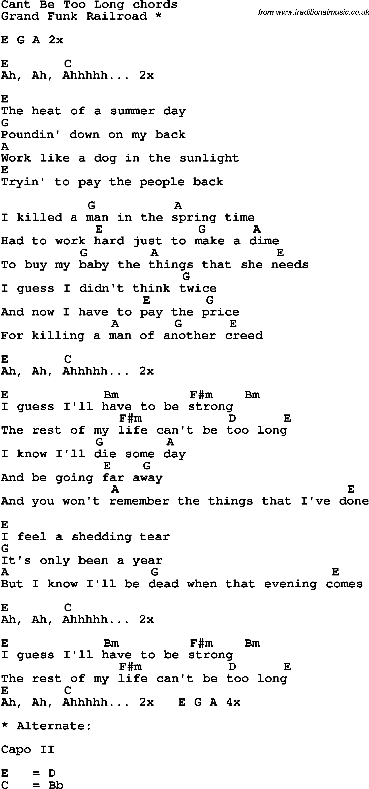 Song Lyrics with guitar chords for Can't Be Too Long