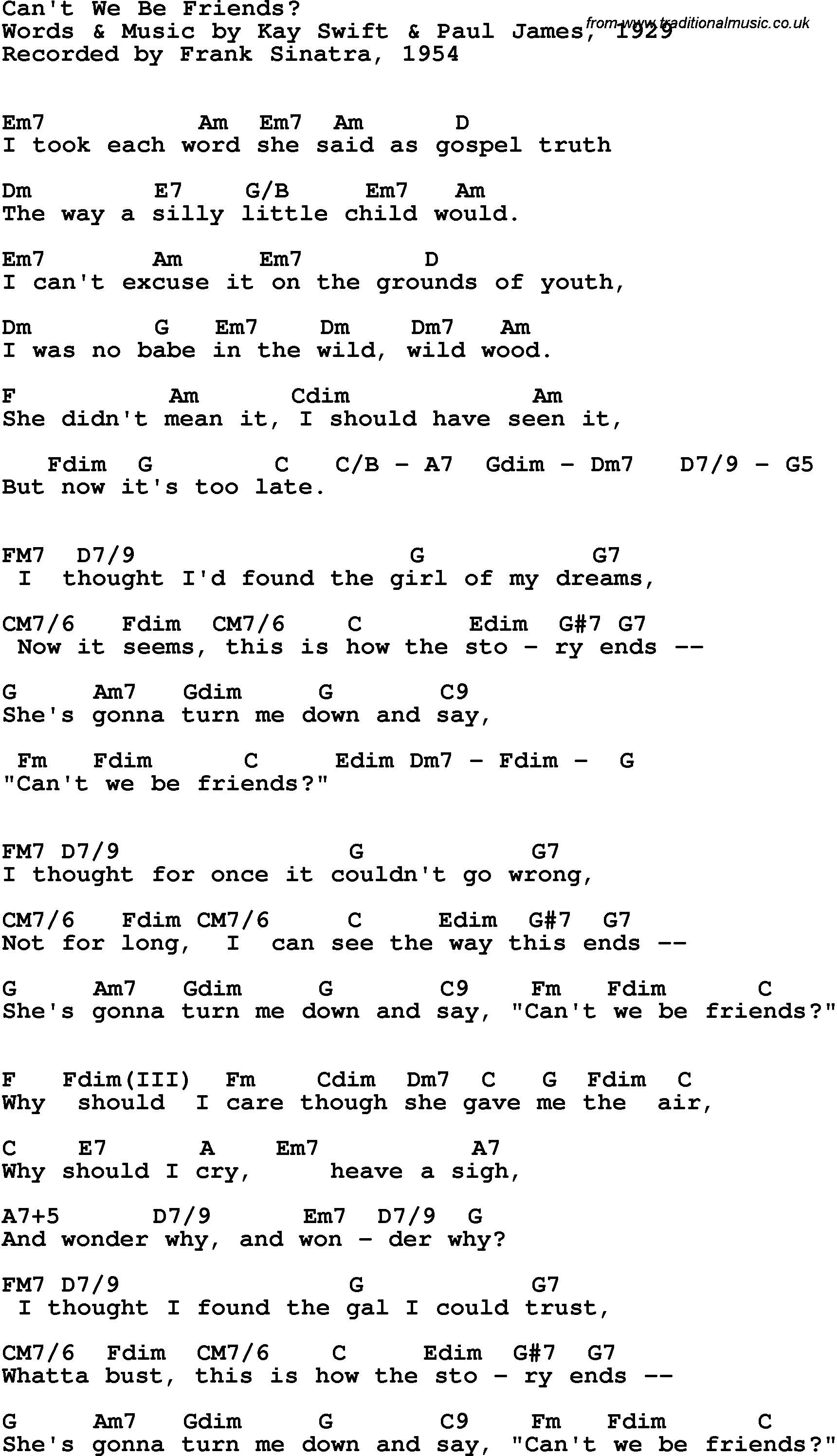 Song Lyrics with guitar chords for Can't We Be Friends - Frank Sinatra, 1954