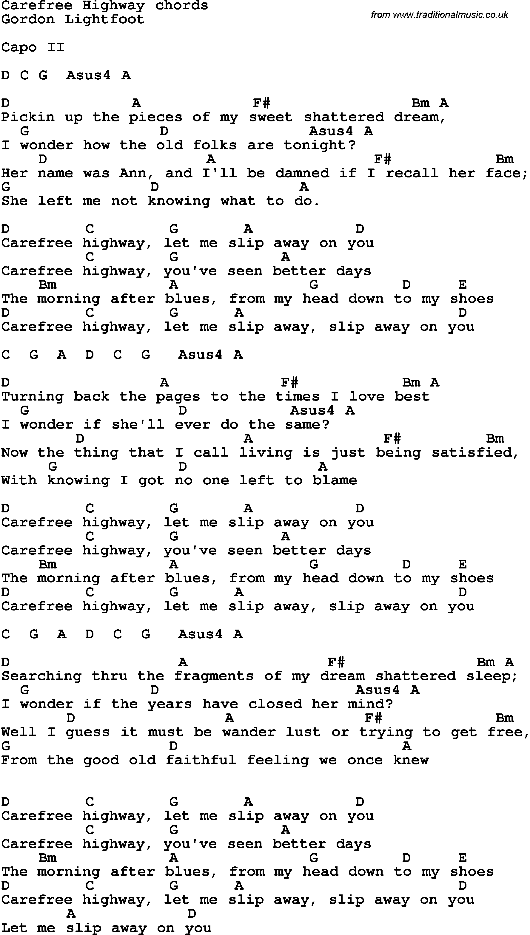 Song Lyrics with guitar chords for Carefree Highway