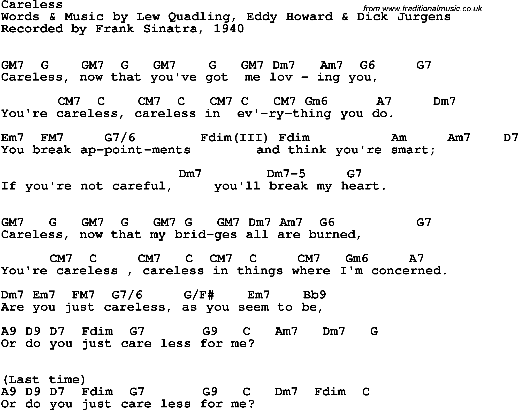 Song Lyrics with guitar chords for Careless - Frank Sinatra, 1940
