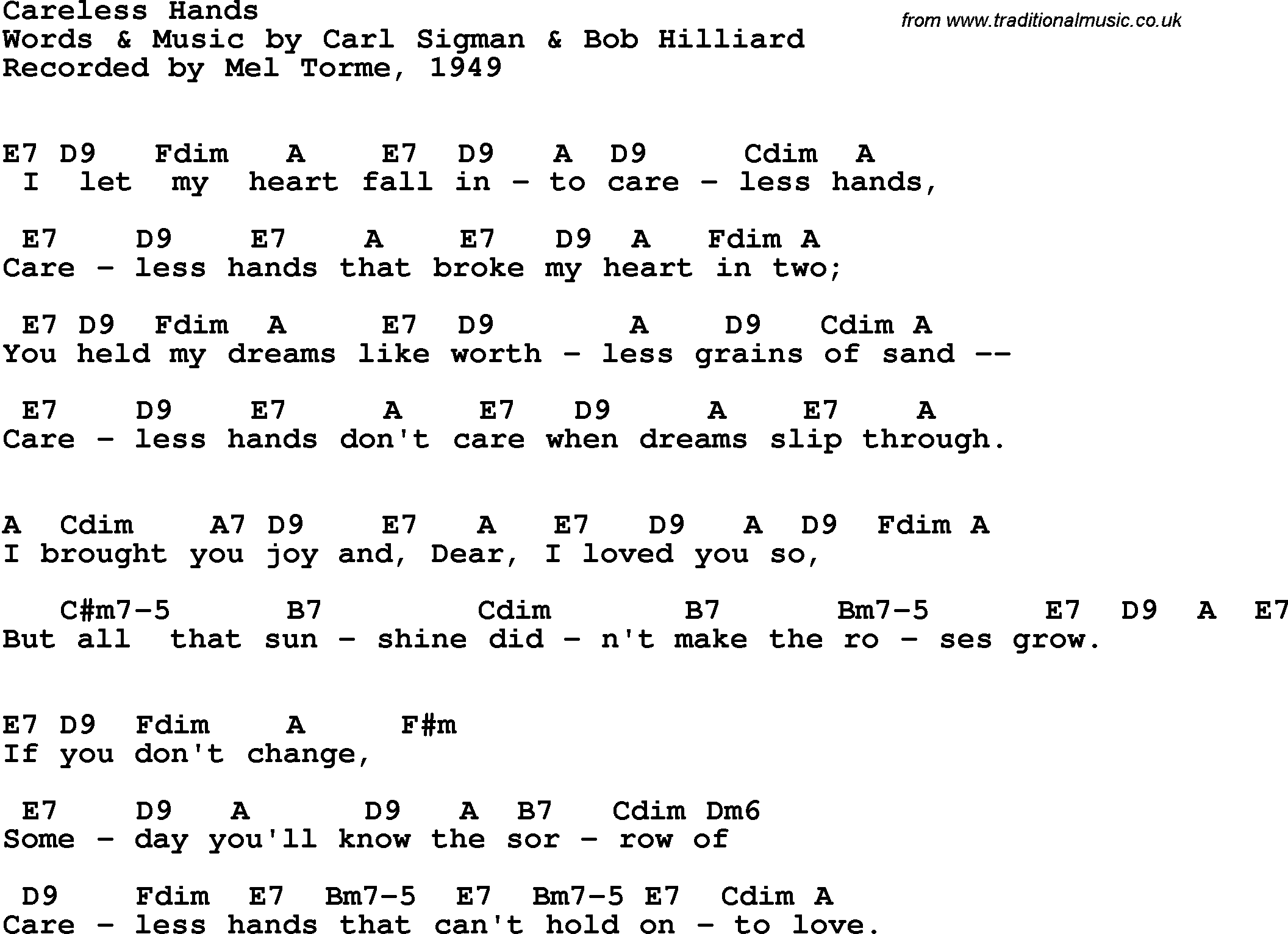 Song Lyrics with guitar chords for Careless Hands - Mel Torme, 1949