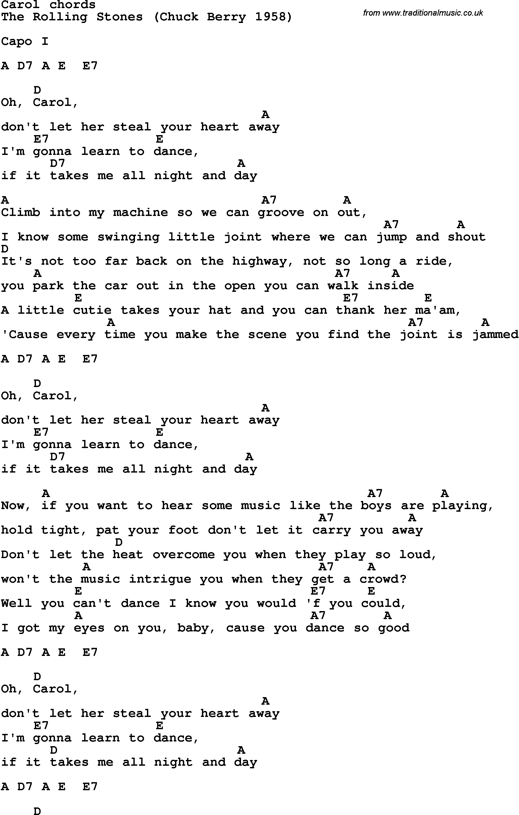 Song Lyrics with guitar chords for Carol