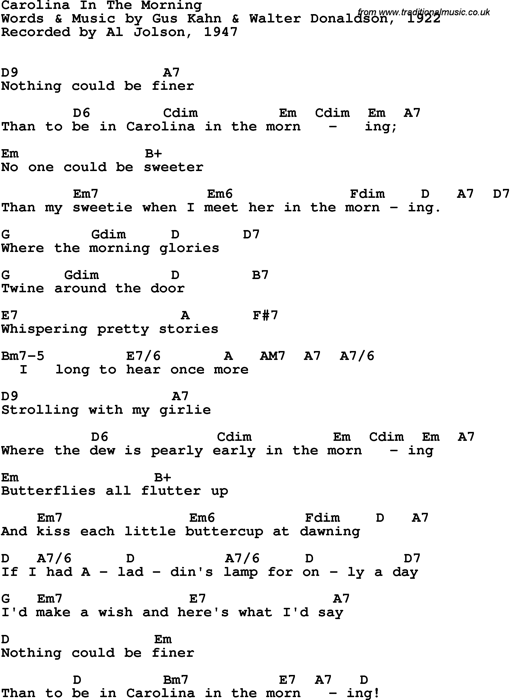 Song Lyrics with guitar chords for Carolina In The Morning - Al Jolson, 1947