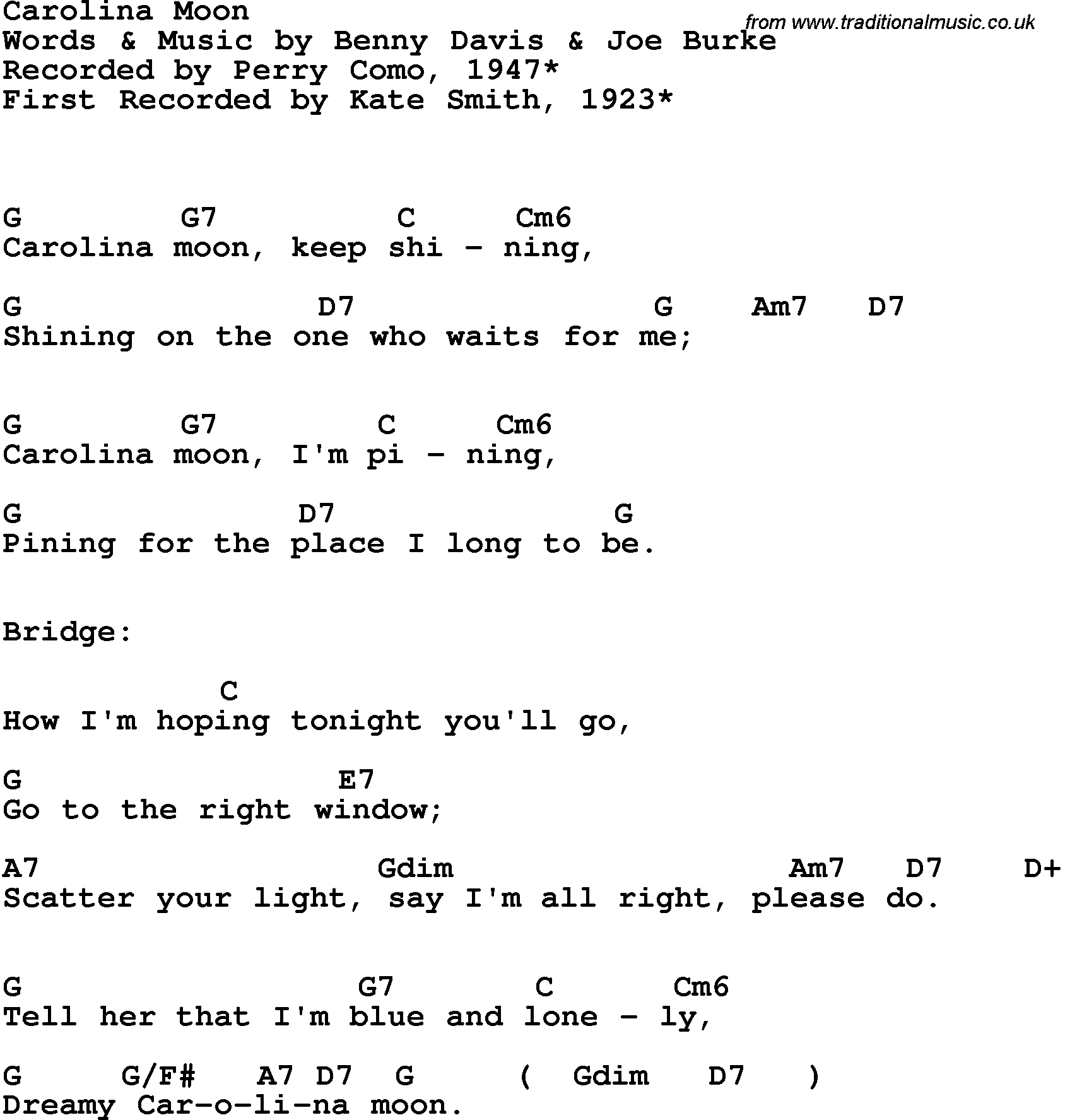 Song Lyrics with guitar chords for Carolina Moon - Perry Como, 1947