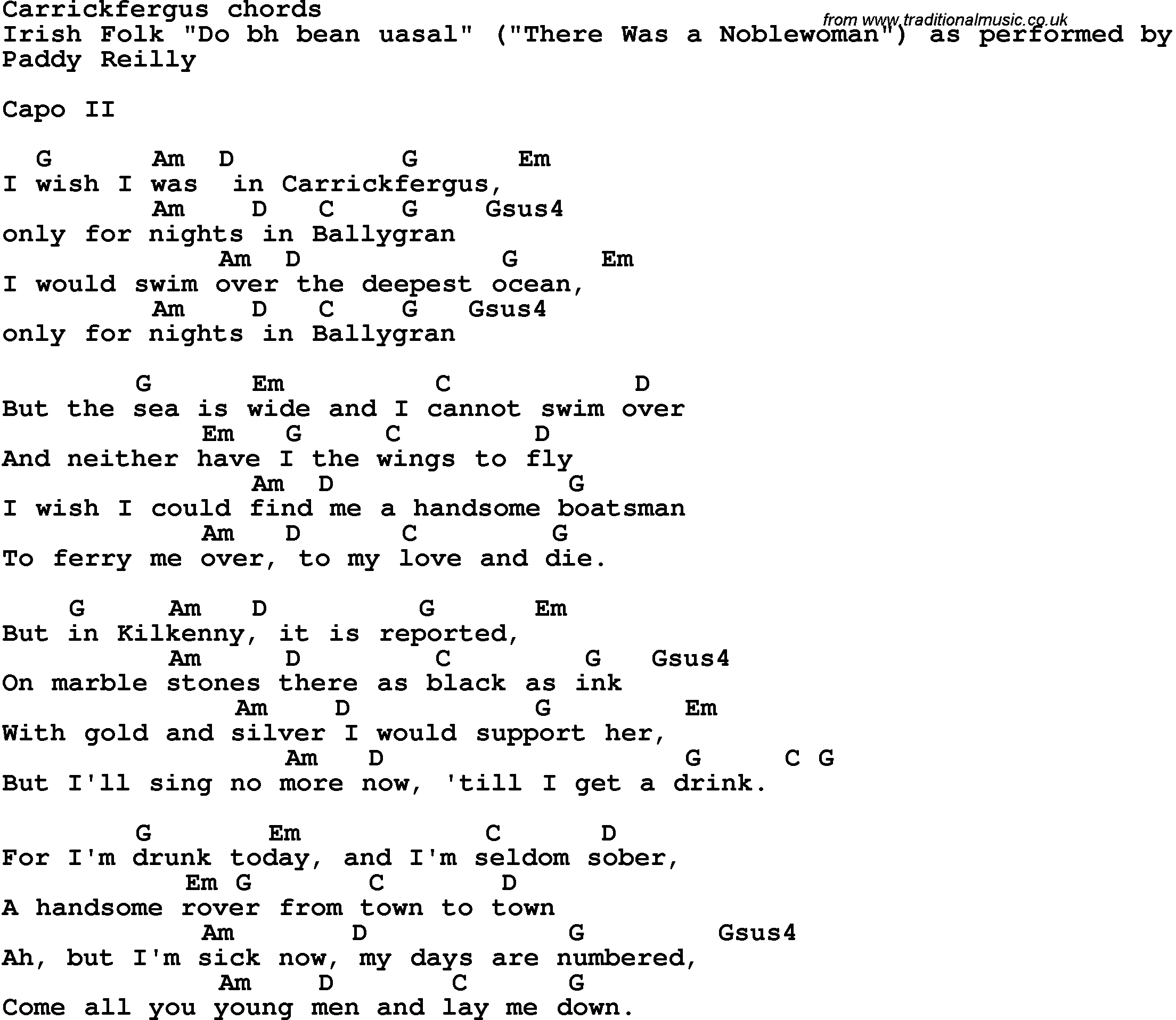 Song Lyrics with guitar chords for Carrickfergus
