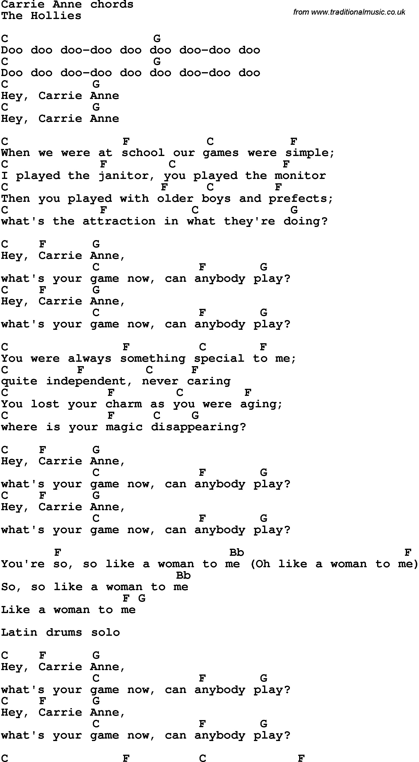 Song Lyrics with guitar chords for Carrie Anne