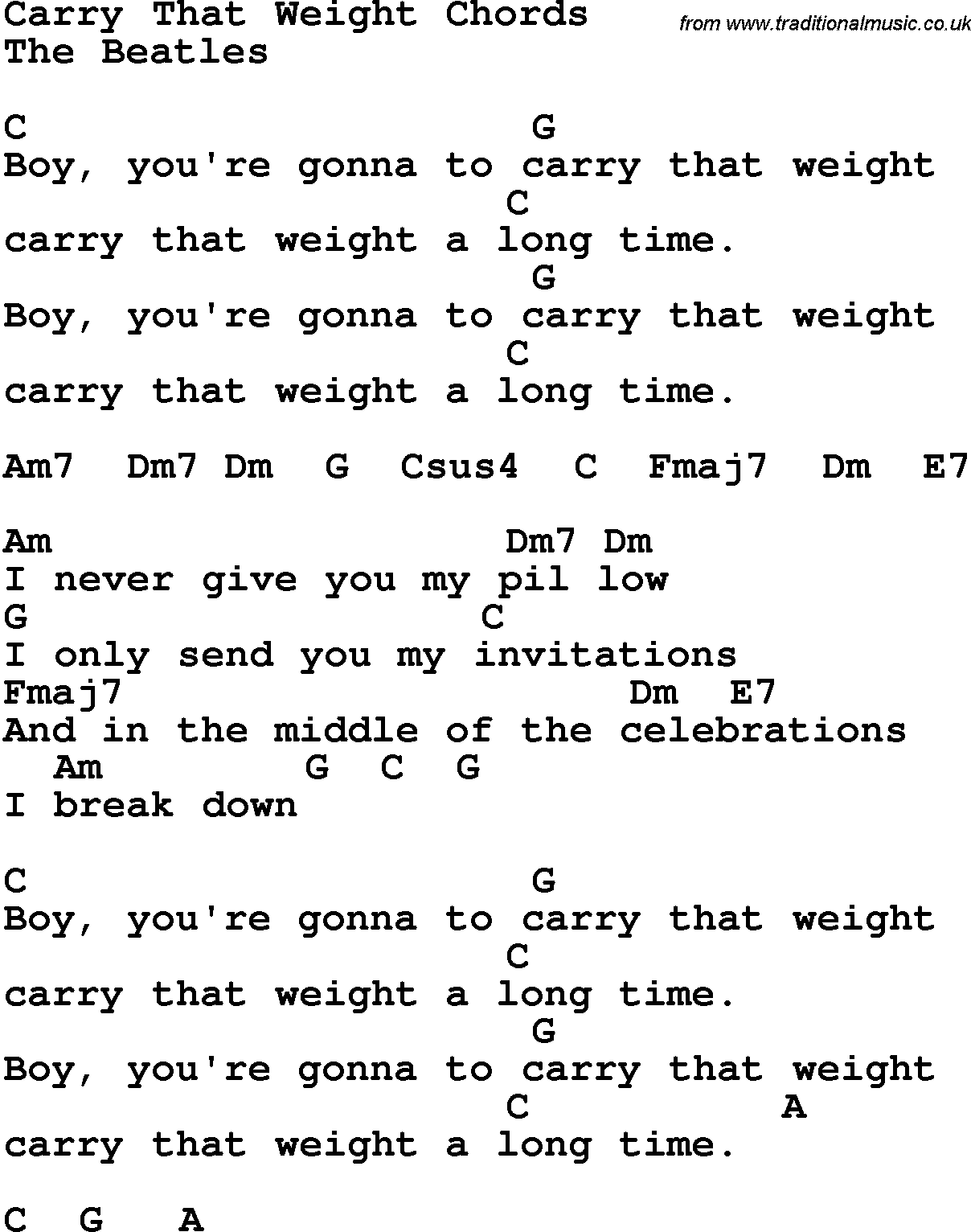 Song Lyrics with guitar chords for Carry That Weight - The Beatles
