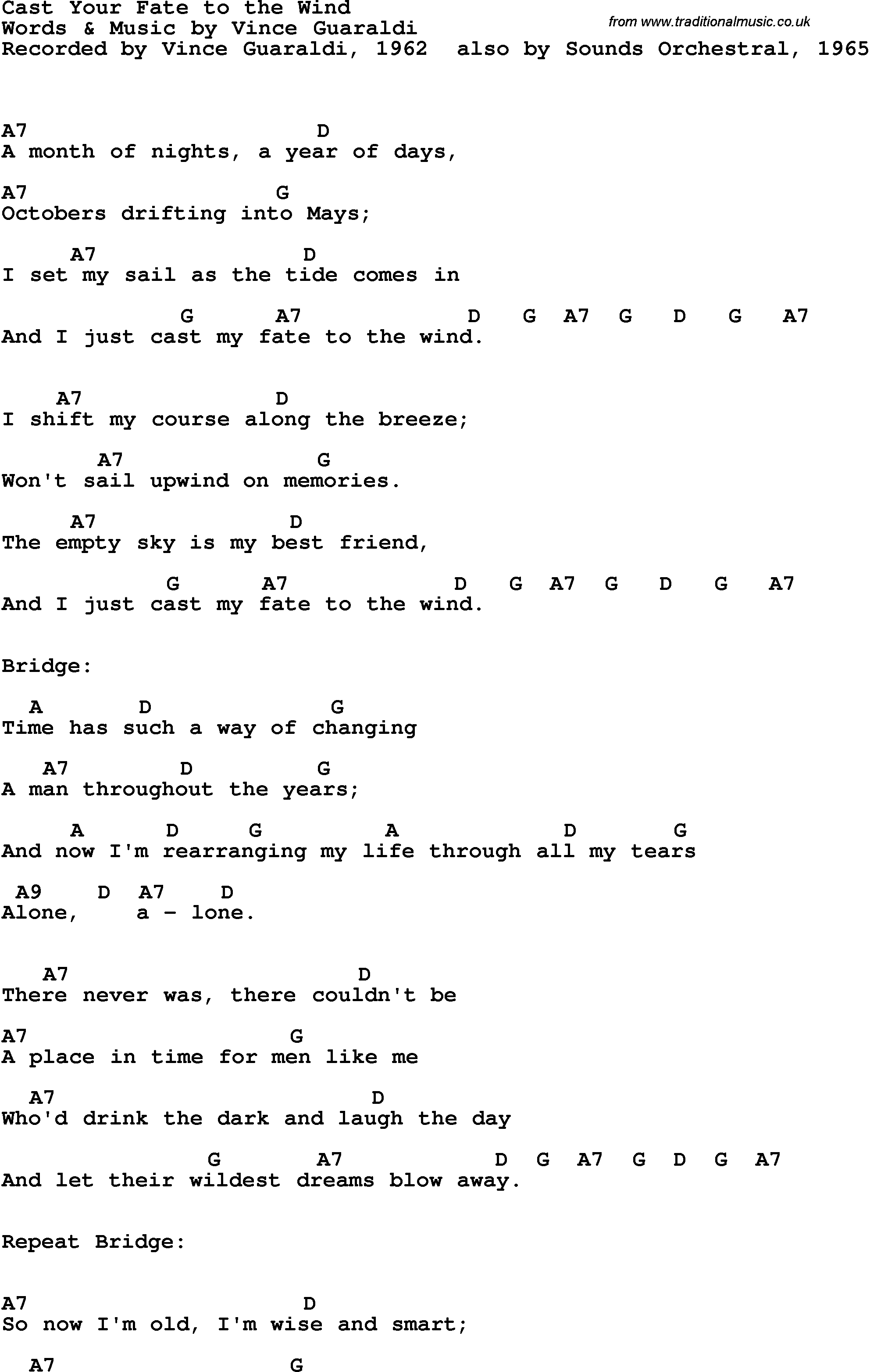 Song Lyrics with guitar chords for Cast Your Fate To The Wind - Vince Guaraldi Trio, 1962