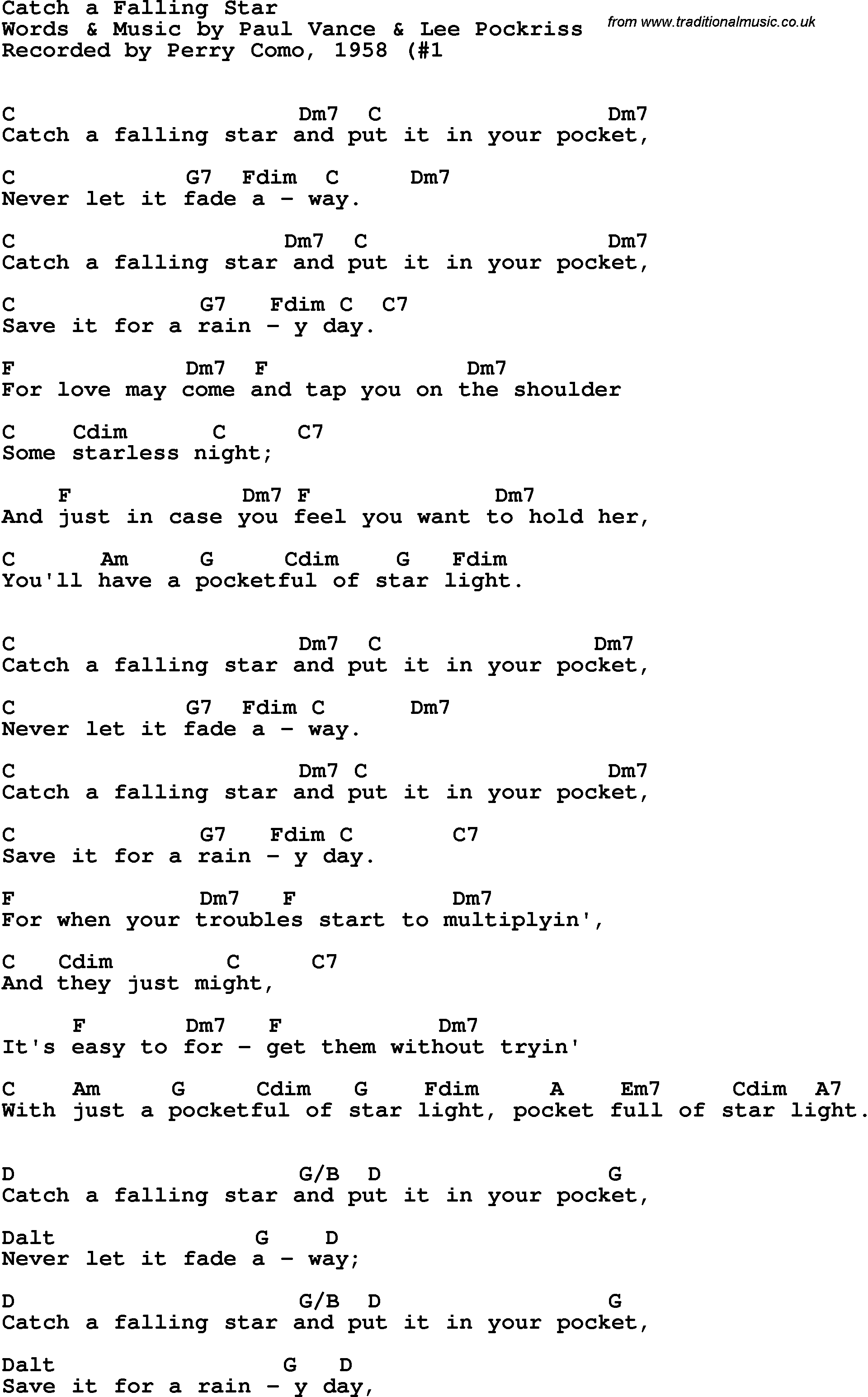Song Lyrics with guitar chords for Catch A Falling Star - Perry Como, 1958
