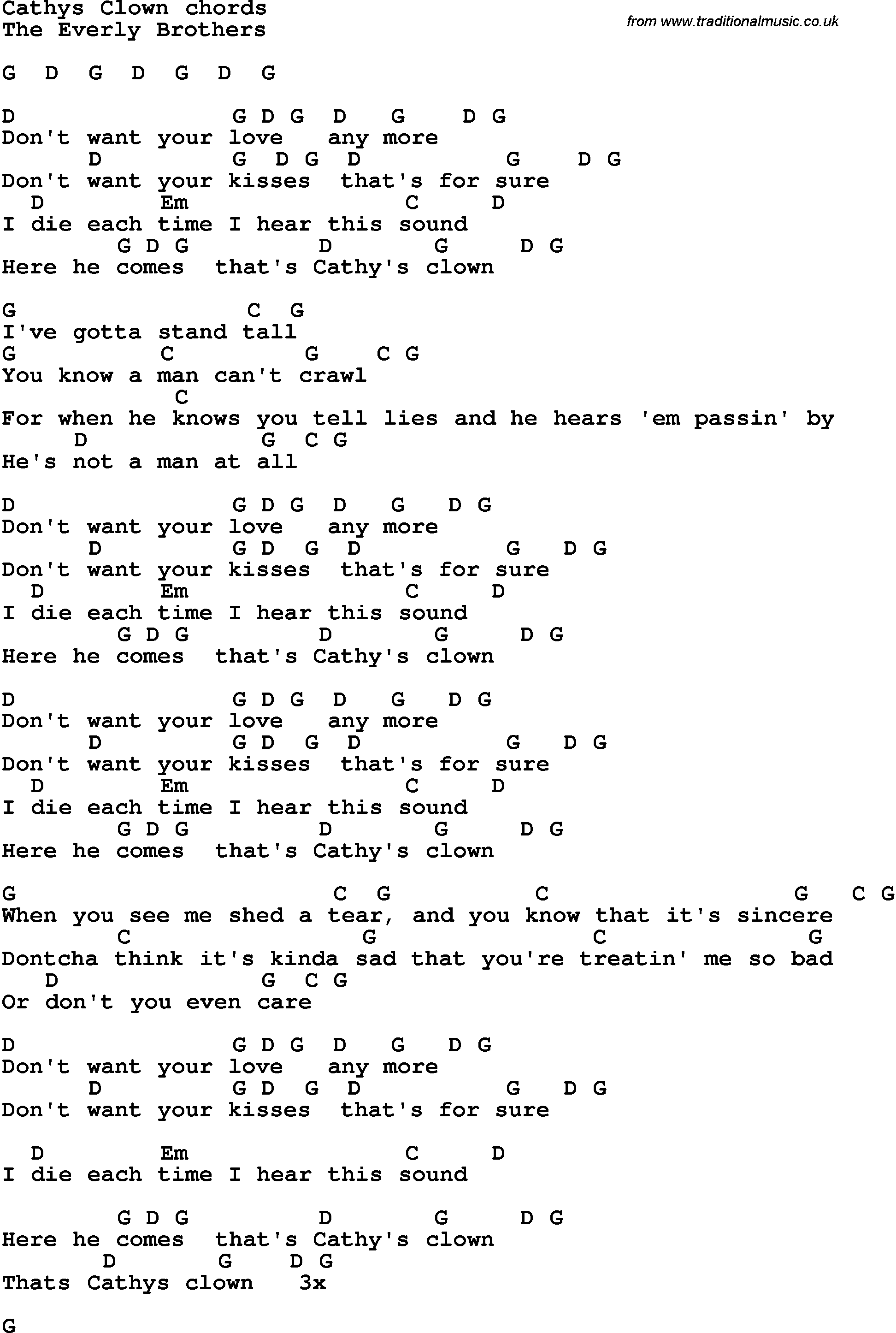 Song Lyrics with guitar chords for Cathy's Clown