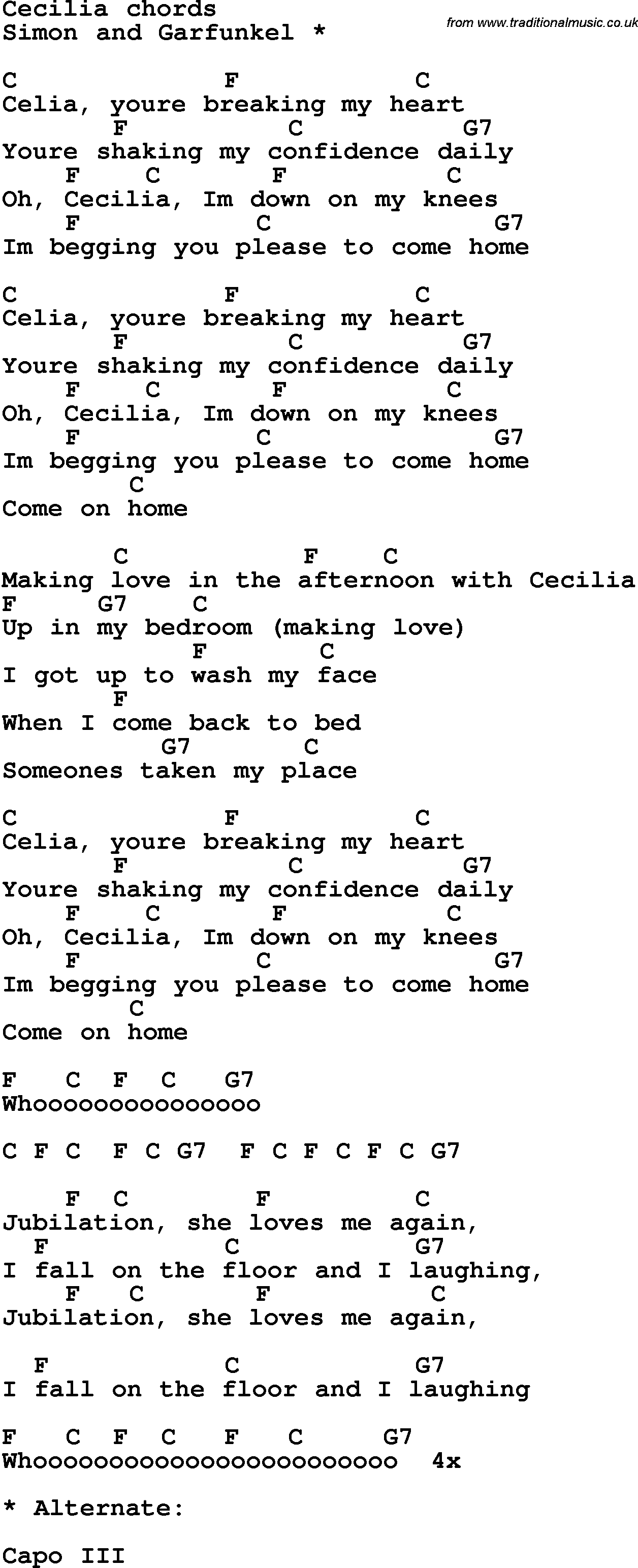 Song Lyrics with guitar chords for Cecilia