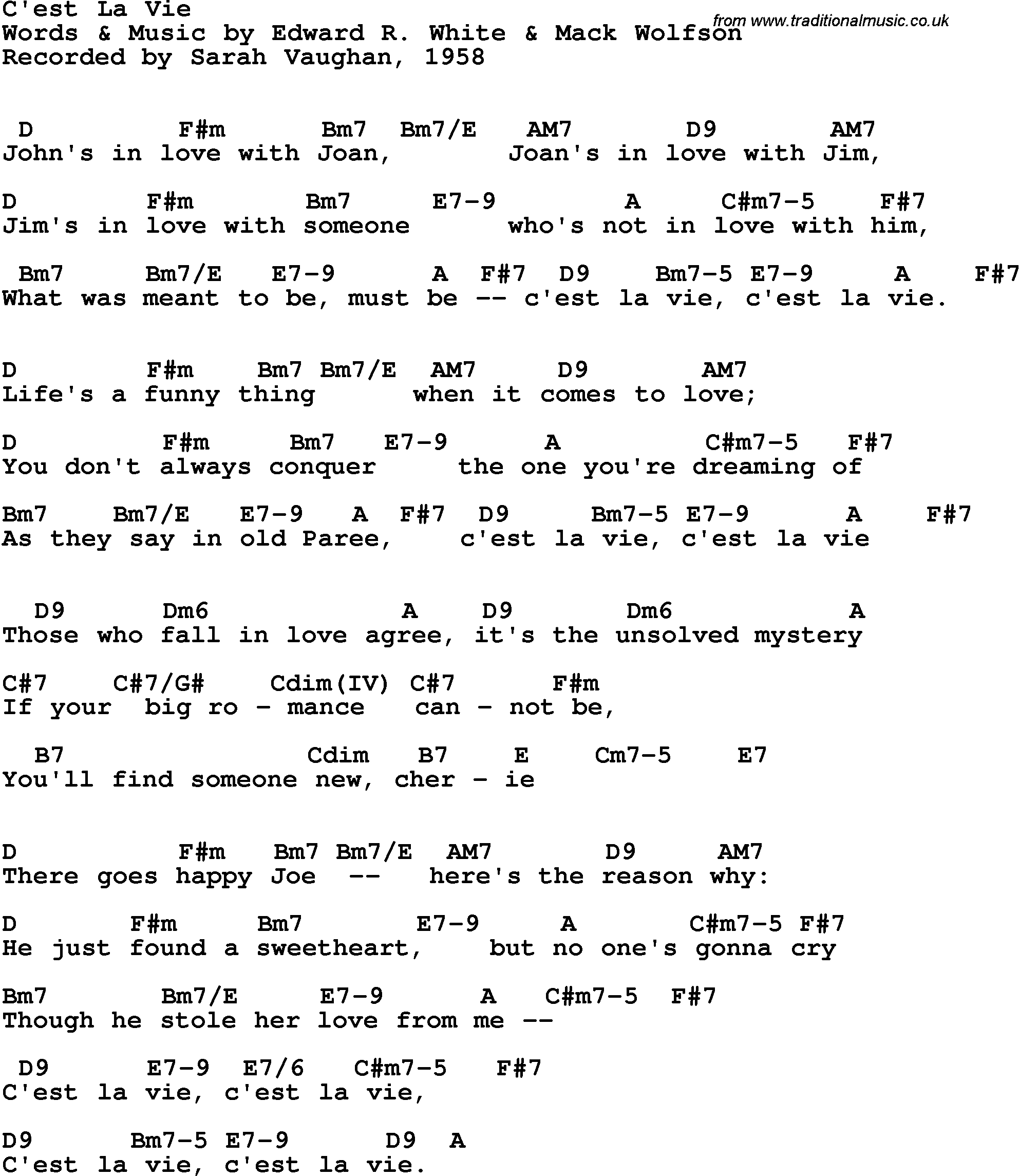 Song Lyrics with guitar chords for C'est La Vie - Sarah Vaughan, 1958