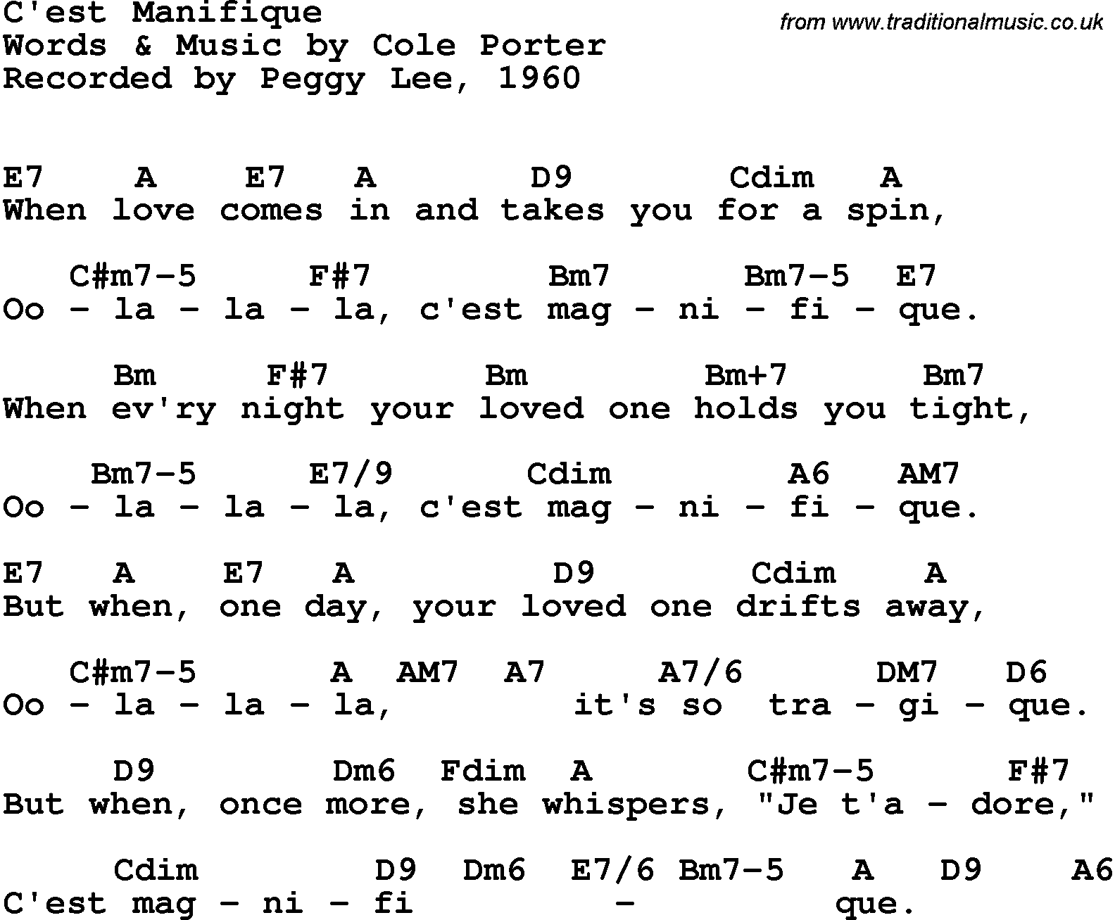 Song Lyrics with guitar chords for C'est Magnifique - Peggy Lee, 1960
