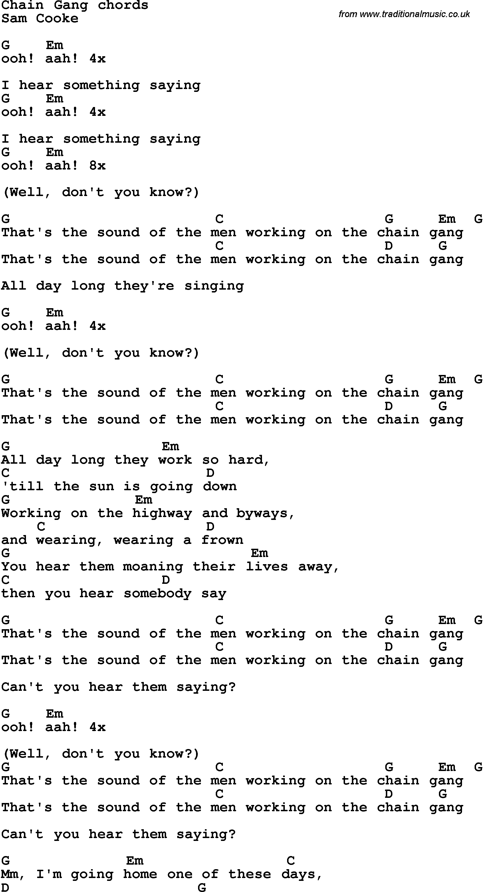 Song Lyrics with guitar chords for Chain Gang