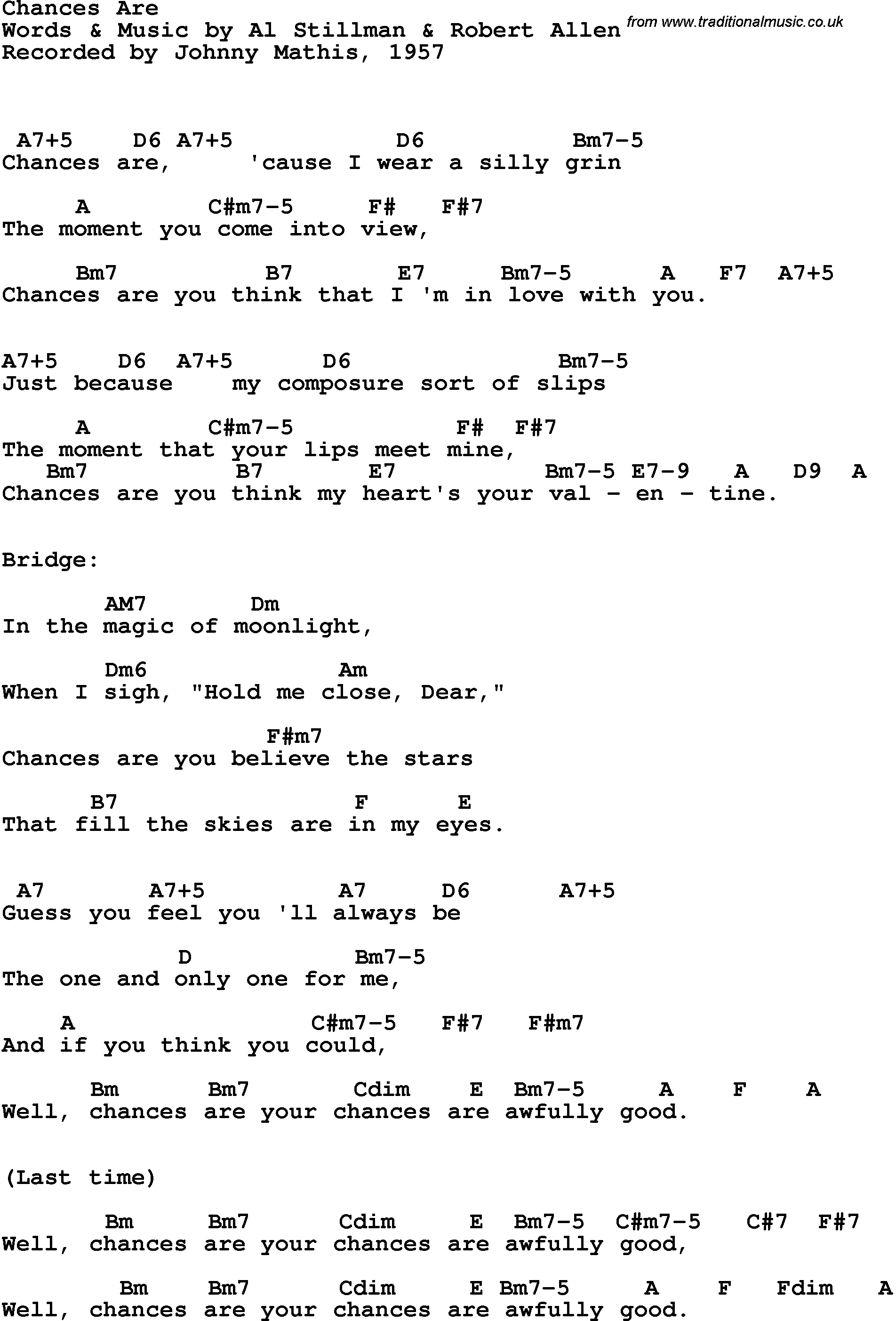 Song Lyrics with guitar chords for Chances Are - Johnny Mathis, 1957