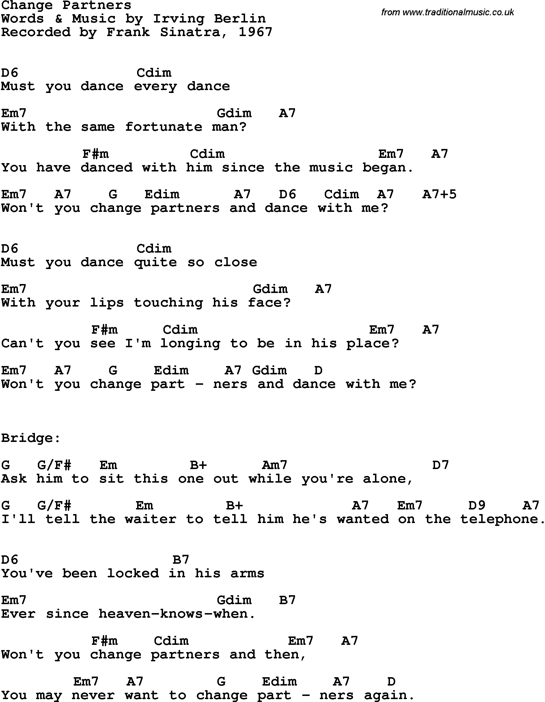 Song Lyrics with guitar chords for Change Partners - Frank Sinatra, 1967