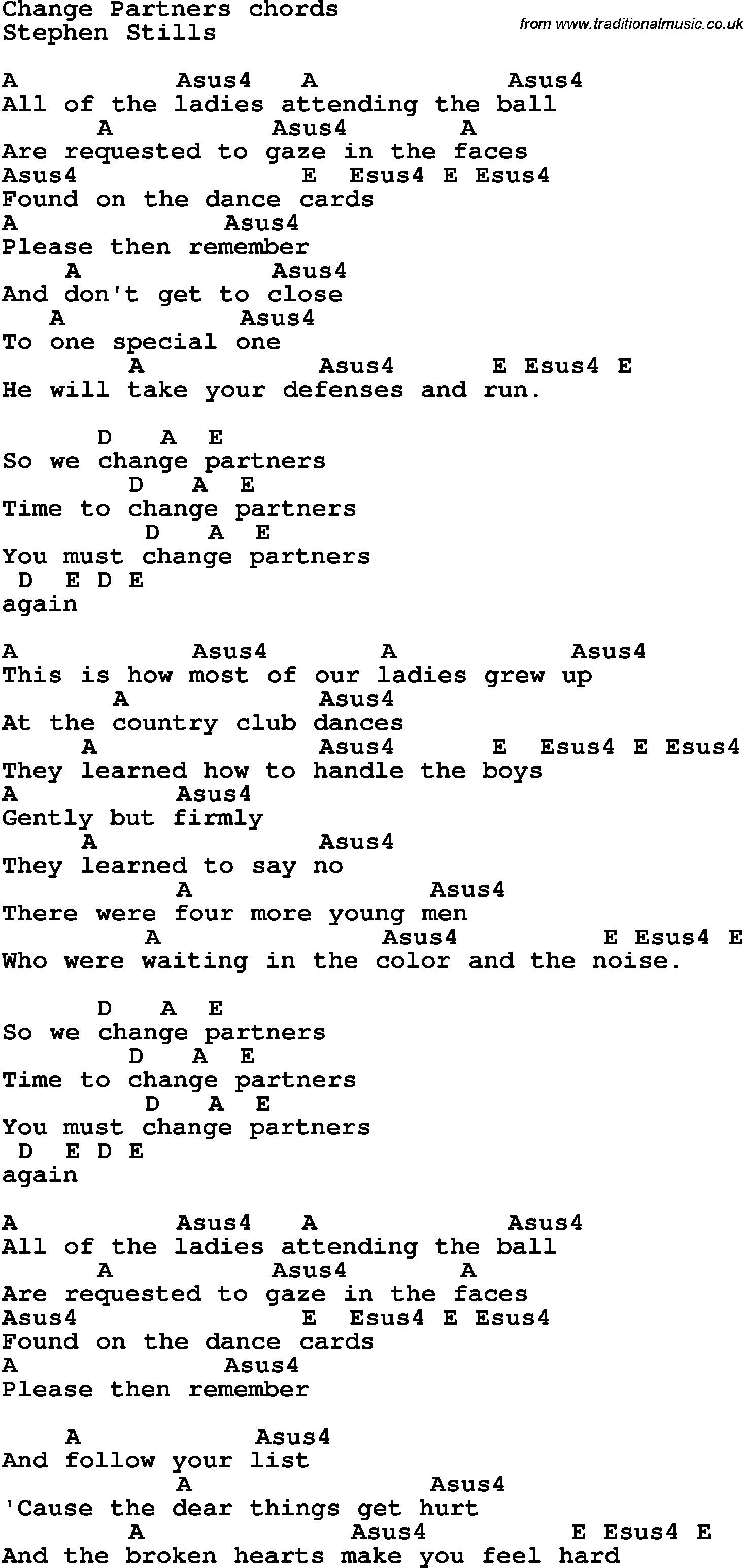 Song Lyrics with guitar chords for Change Partners - Stephen Stills