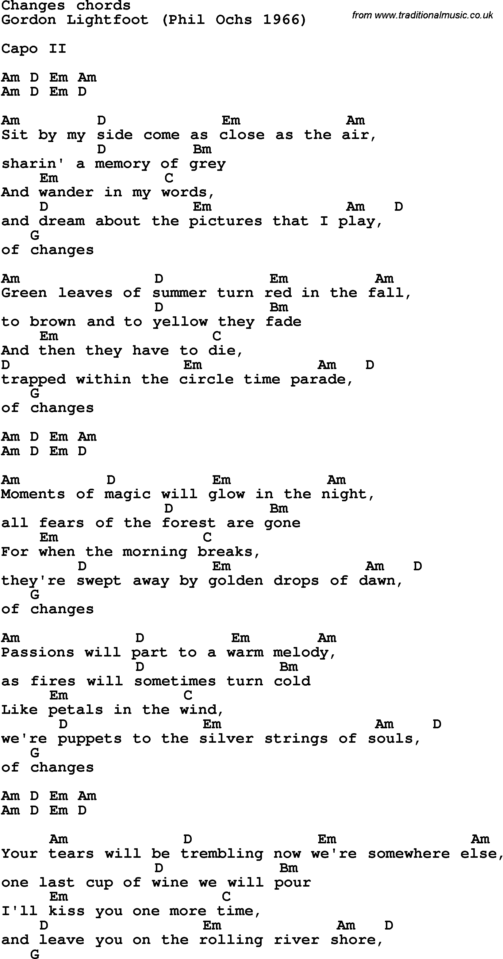 Song Lyrics with guitar chords for Changes