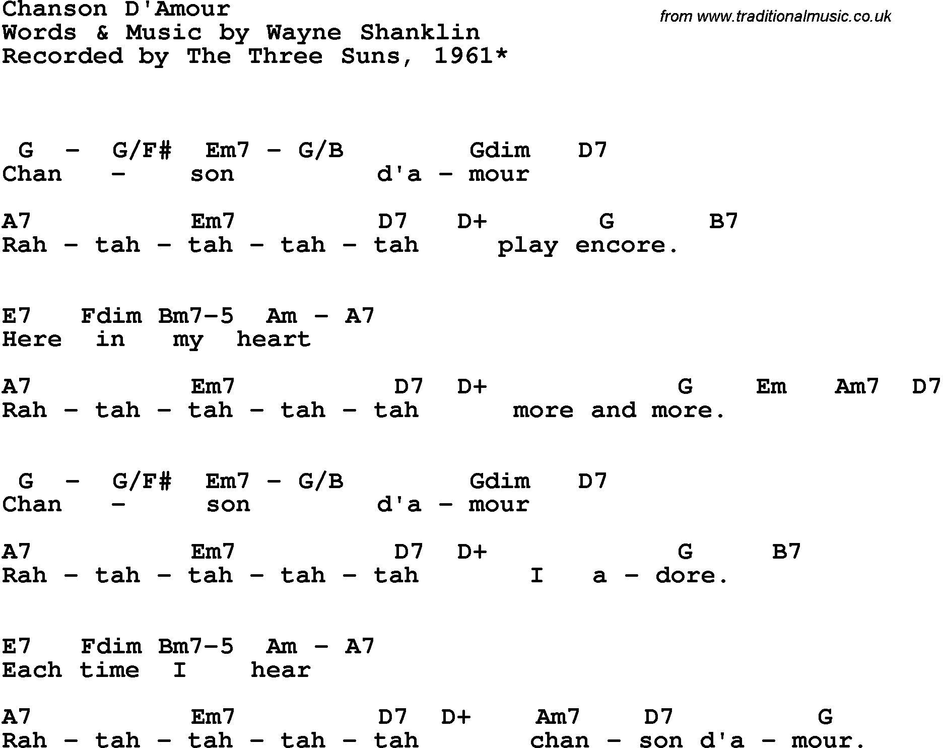 Song Lyrics with guitar chords for Chanson D'amour (Song Of Love) -the Three Suns, 1961