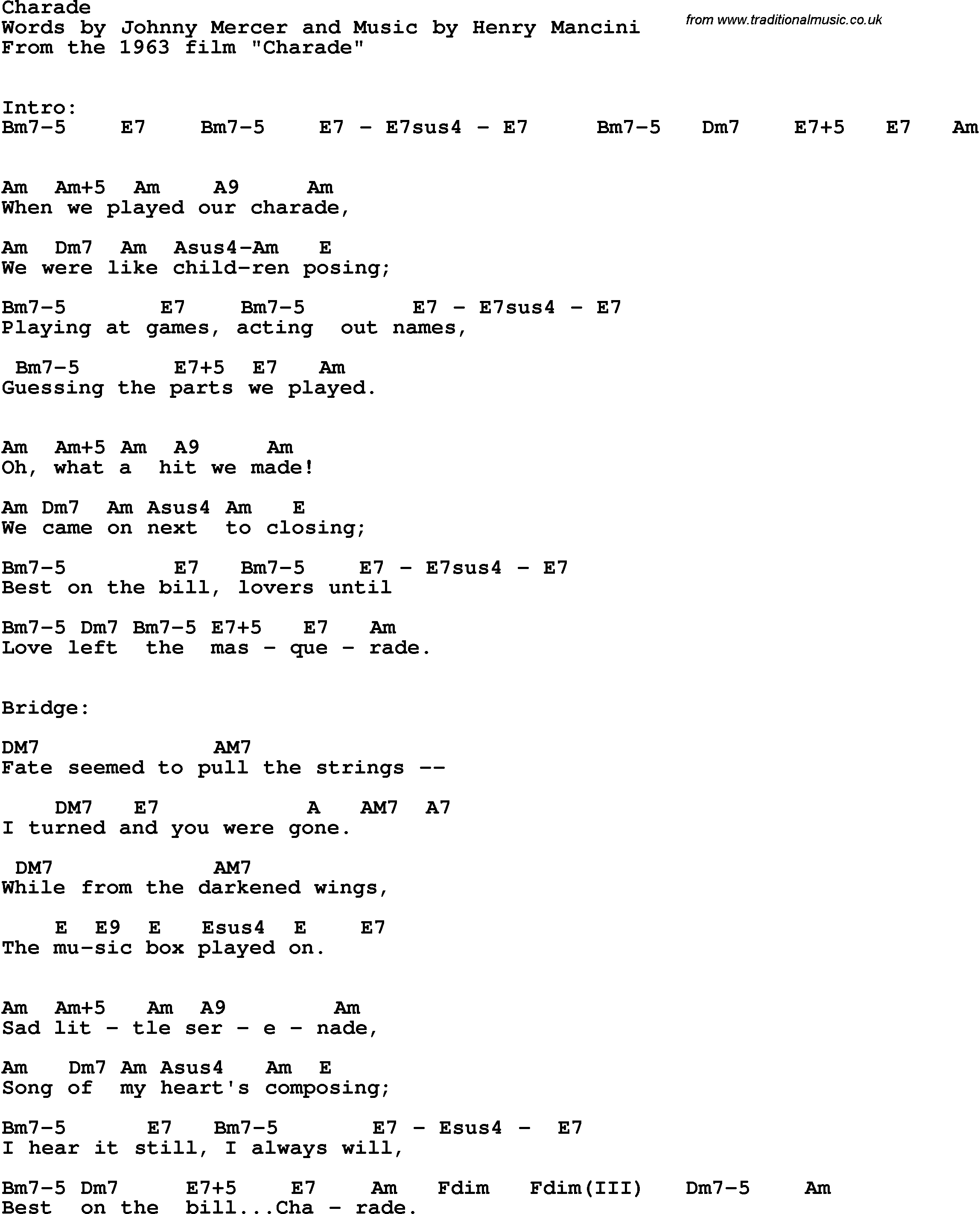 Song Lyrics with guitar chords for Charade - Henry Mancini, 1963