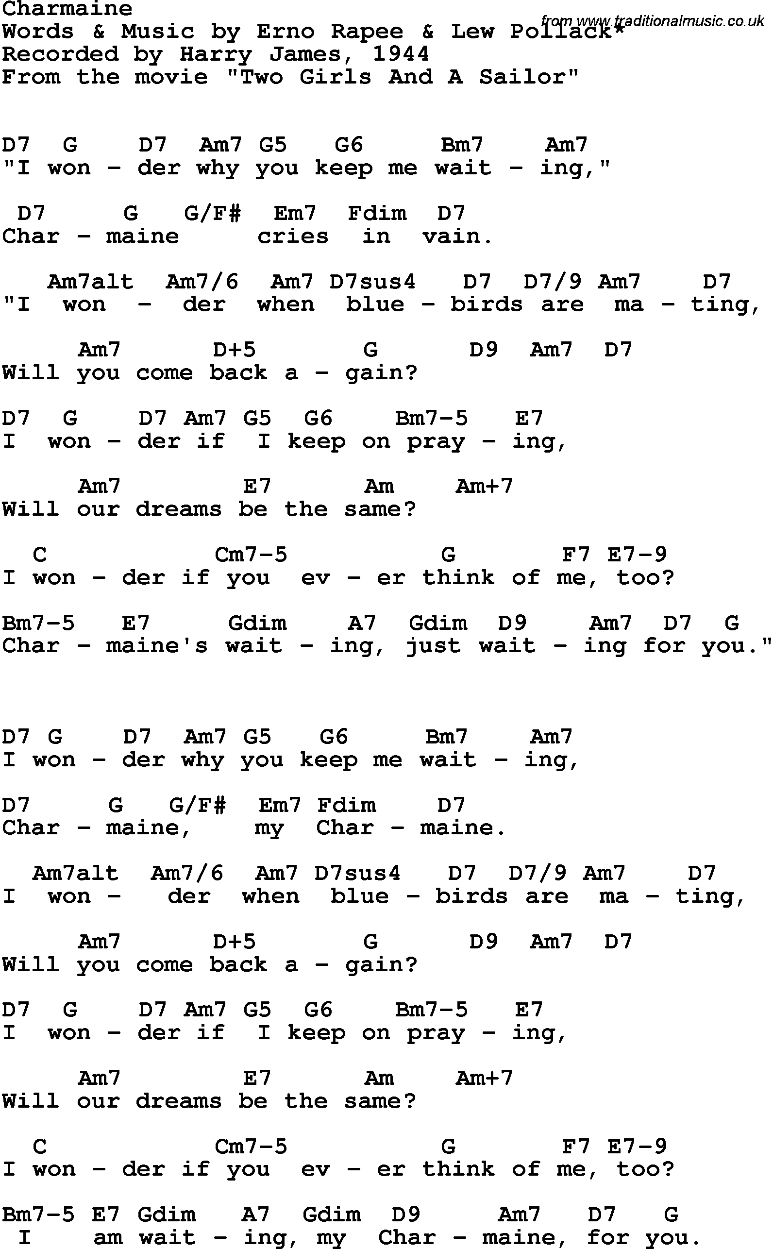 Song Lyrics with guitar chords for Charmaine - Harry James, 1944